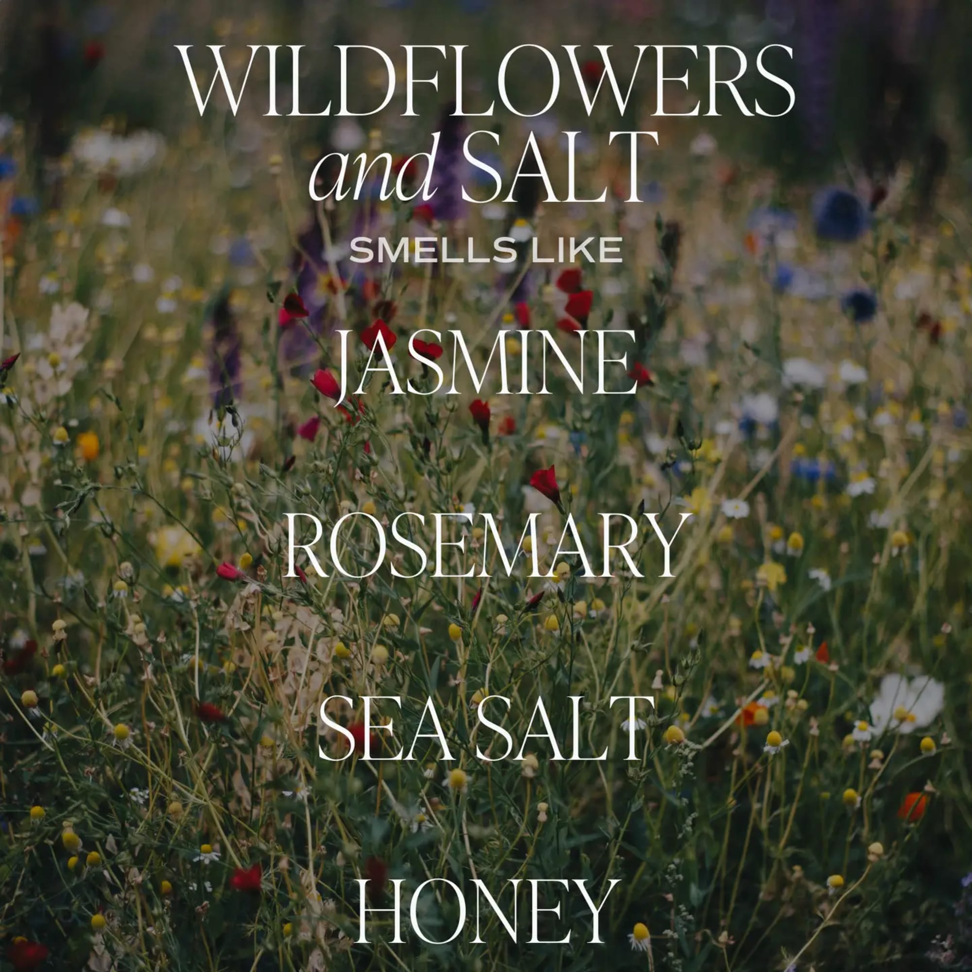 Wildflower field with text overlay about jasmine, rosemary, sea salt, and honey