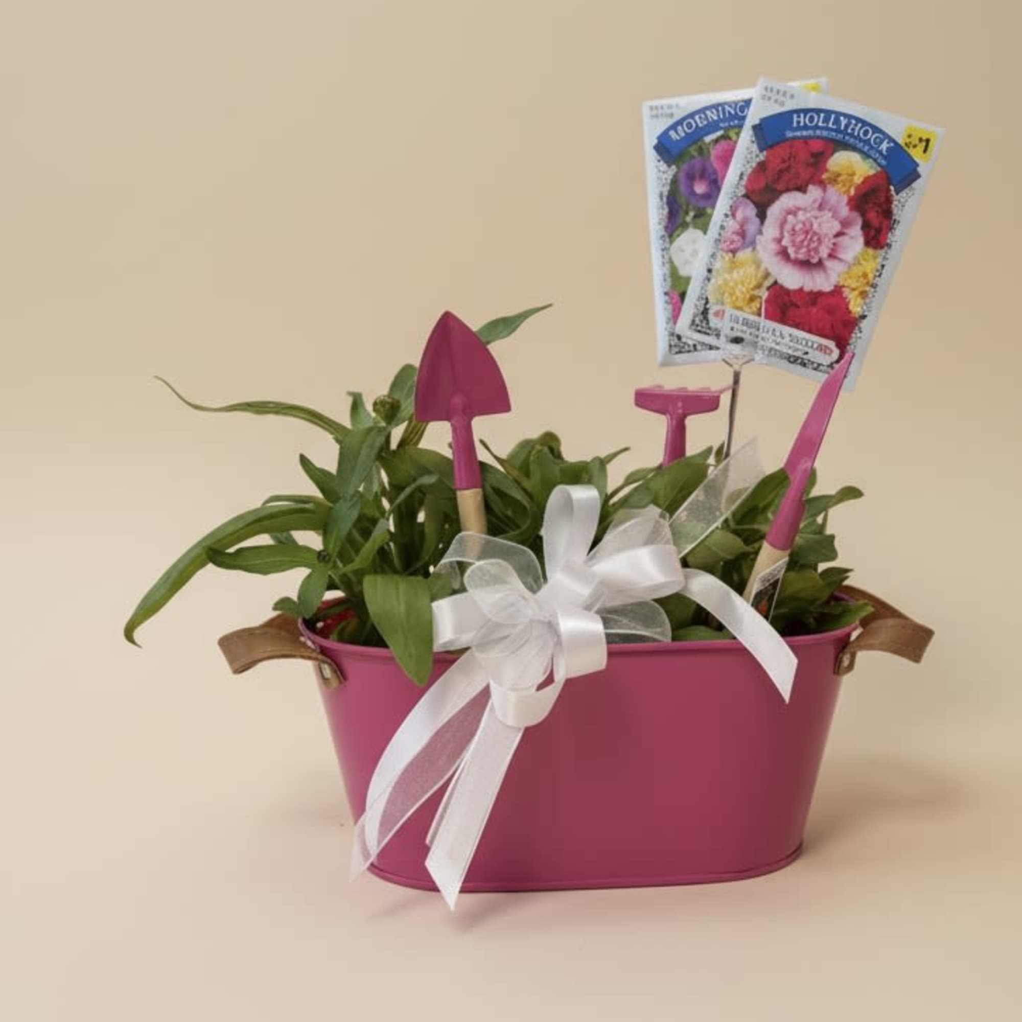 Cute tin planter with mini tools attached. Currently planted with Zinnias of
