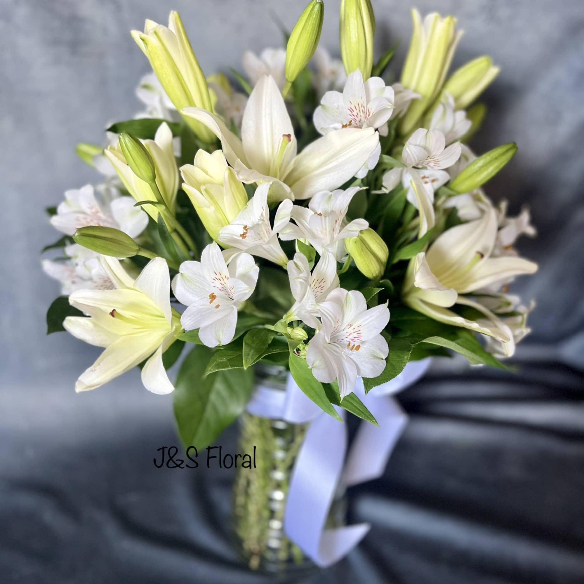 White lilies and Alstroemerias stand tall and beautiful. Send an impactful gift, photo 2 of 2