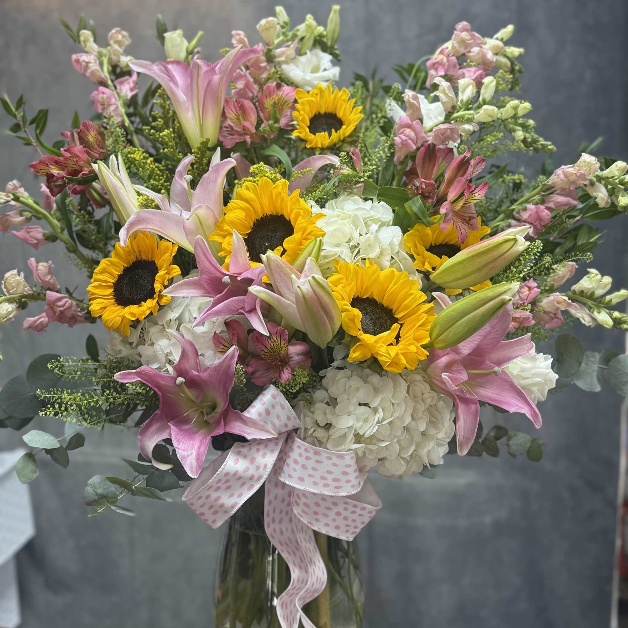 A radiant burst of elegance featuring cheerful sunflowers, lush hydrangeas, graceful lilies