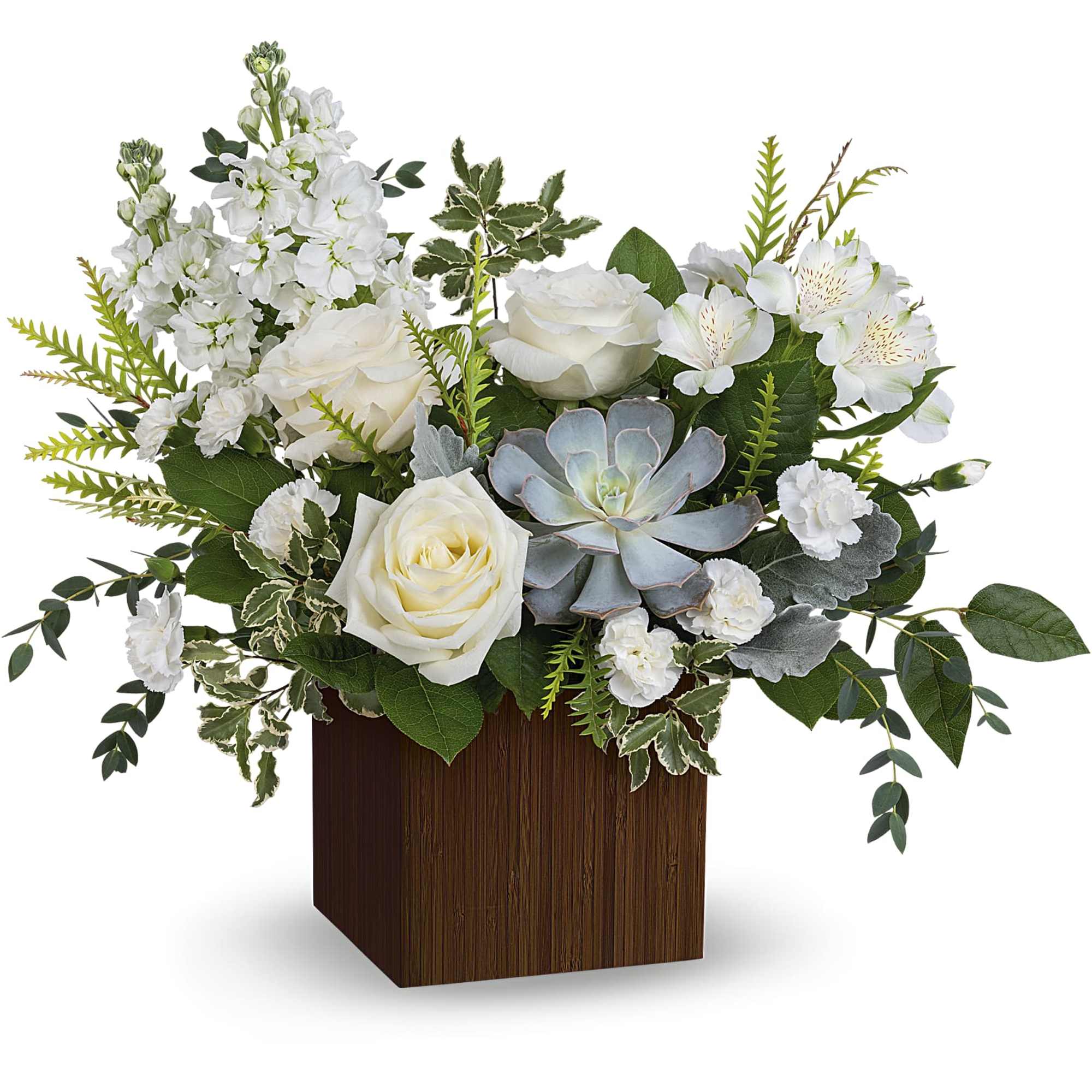 White roses and alstroemeria in a wooden cube vase with a succulent