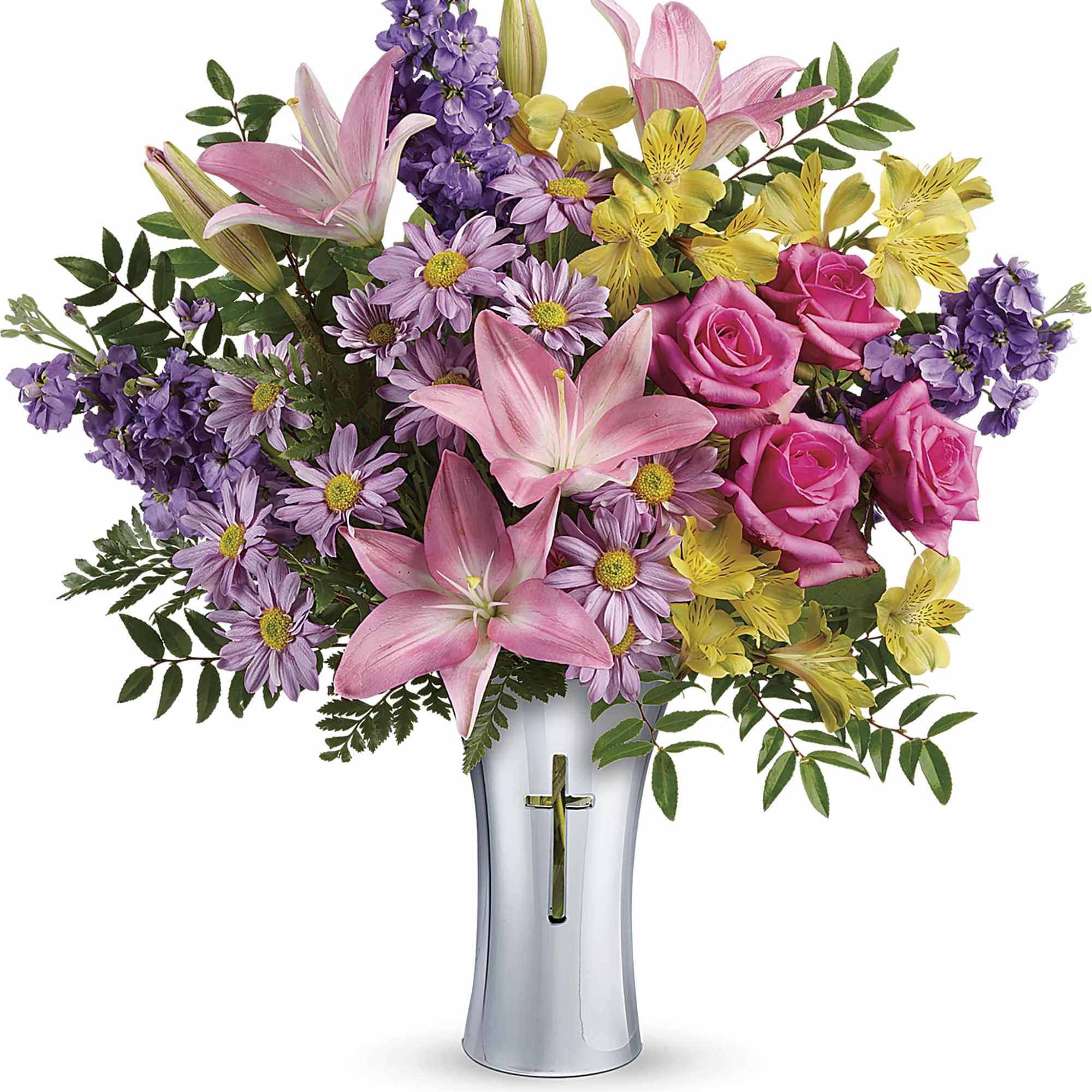 Mixed bouquet of pink lilies, roses, and purple flowers in a silver vase