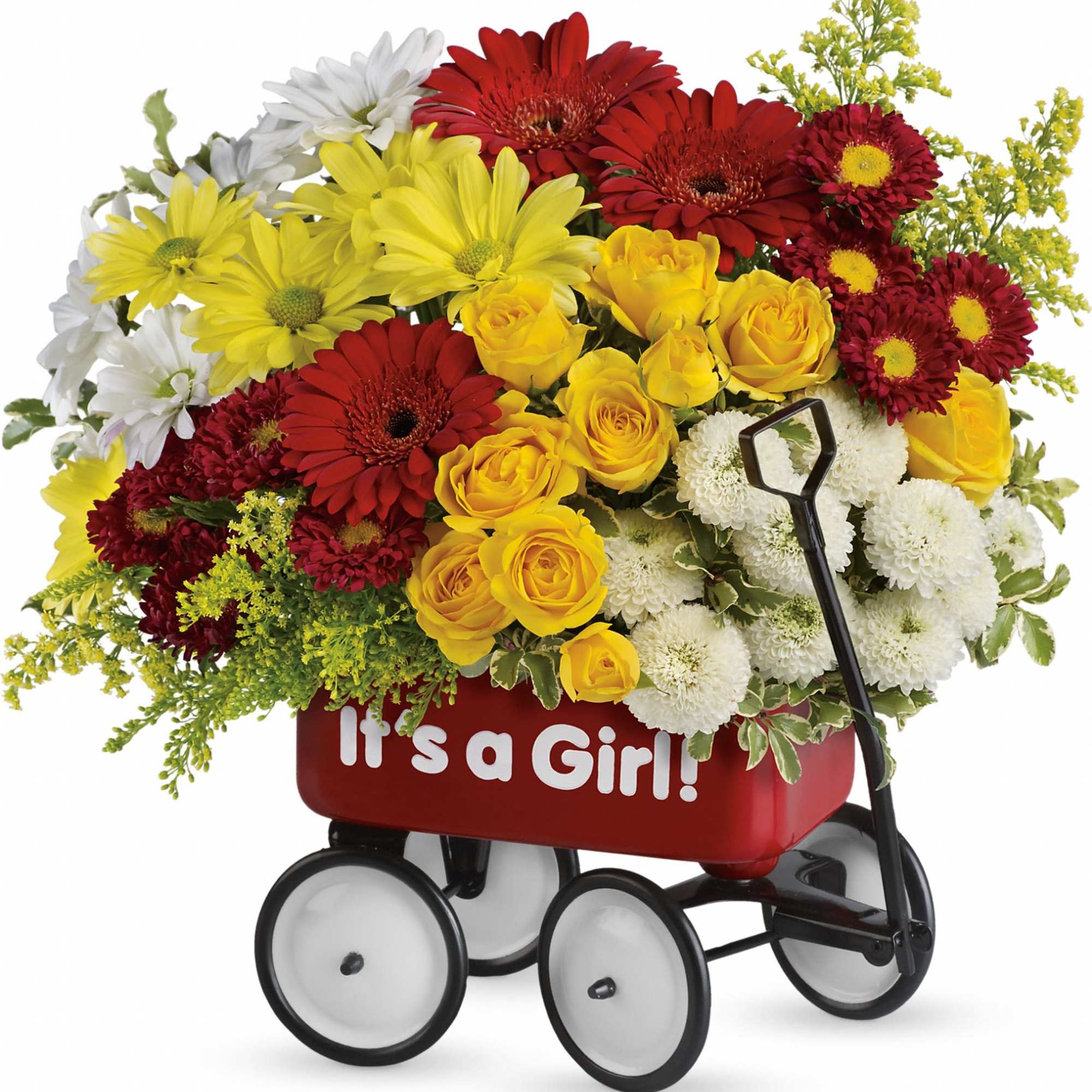 Bouquet of red, yellow, and white flowers in a red wagon with "It's a Girl!" text