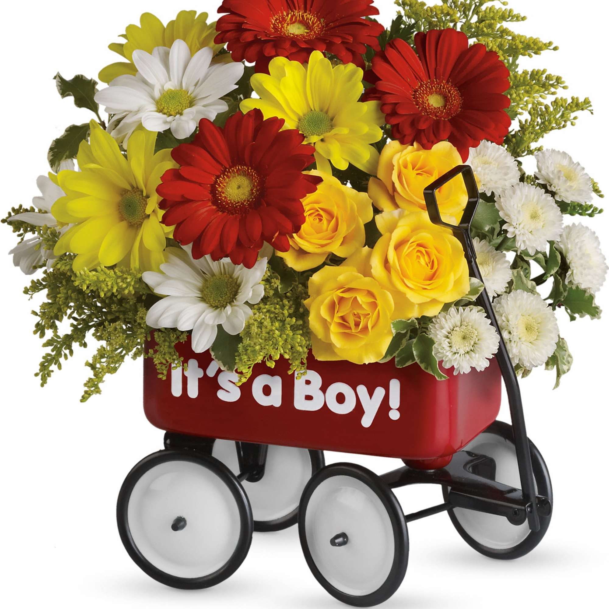 Mixed bouquet in a red wagon with "It's a Boy!" text