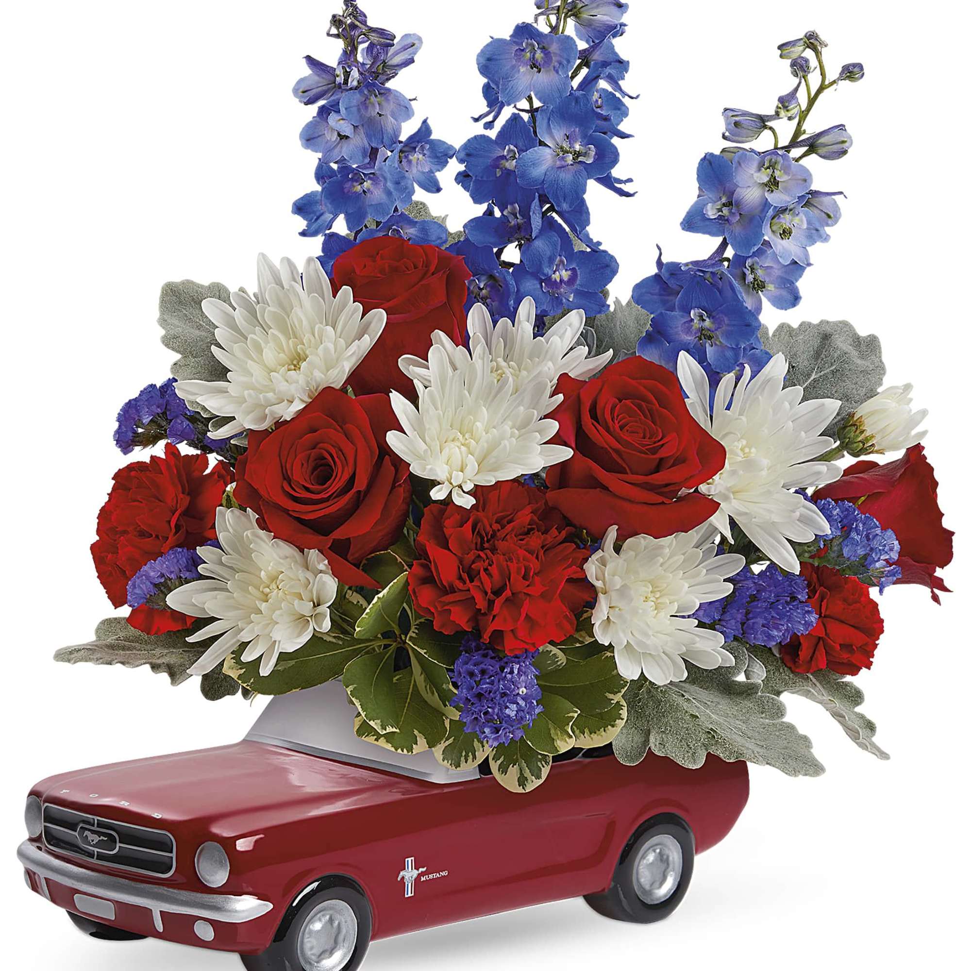 Red roses and white daisies arranged in a red toy car container