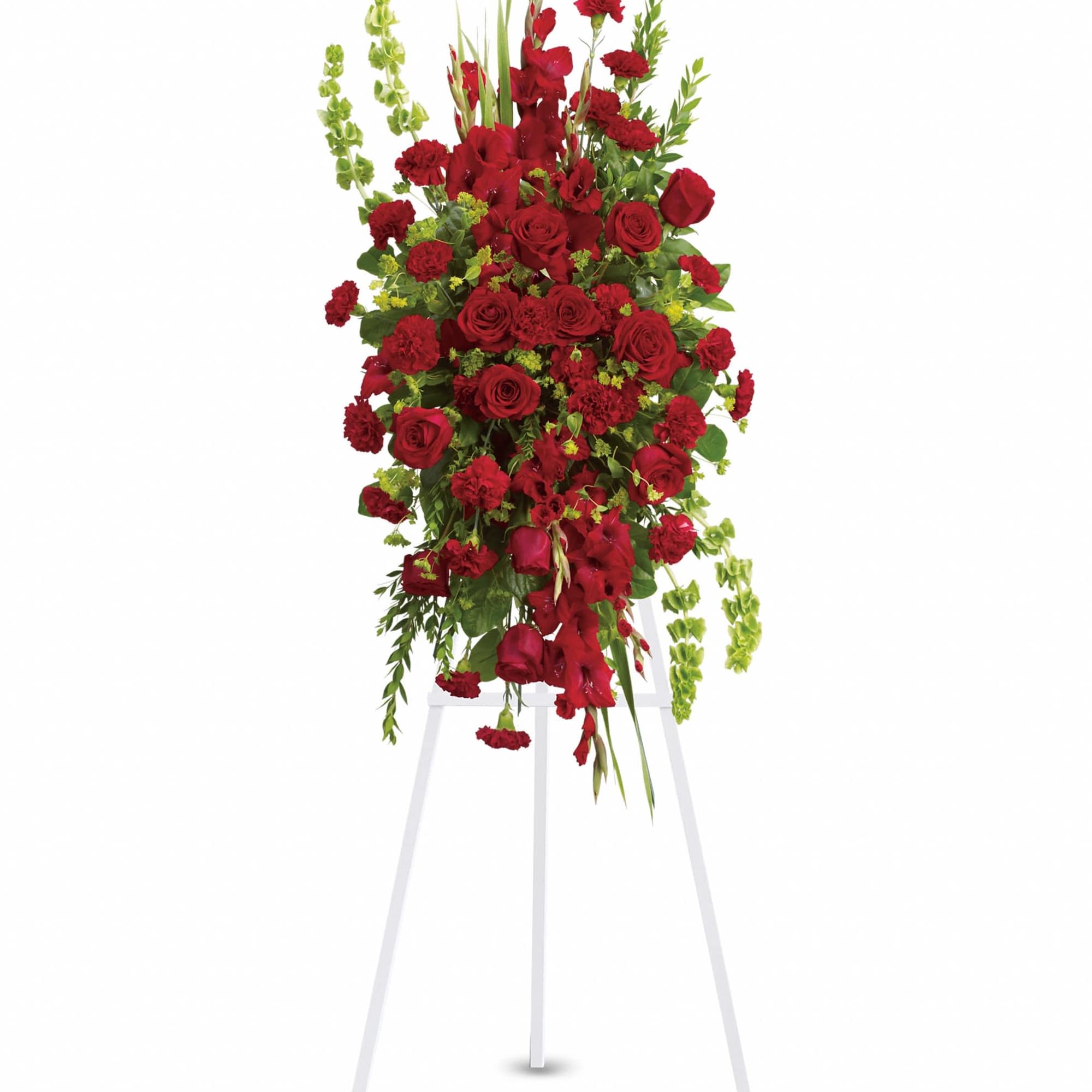 Tall red floral standing spray on a white easel