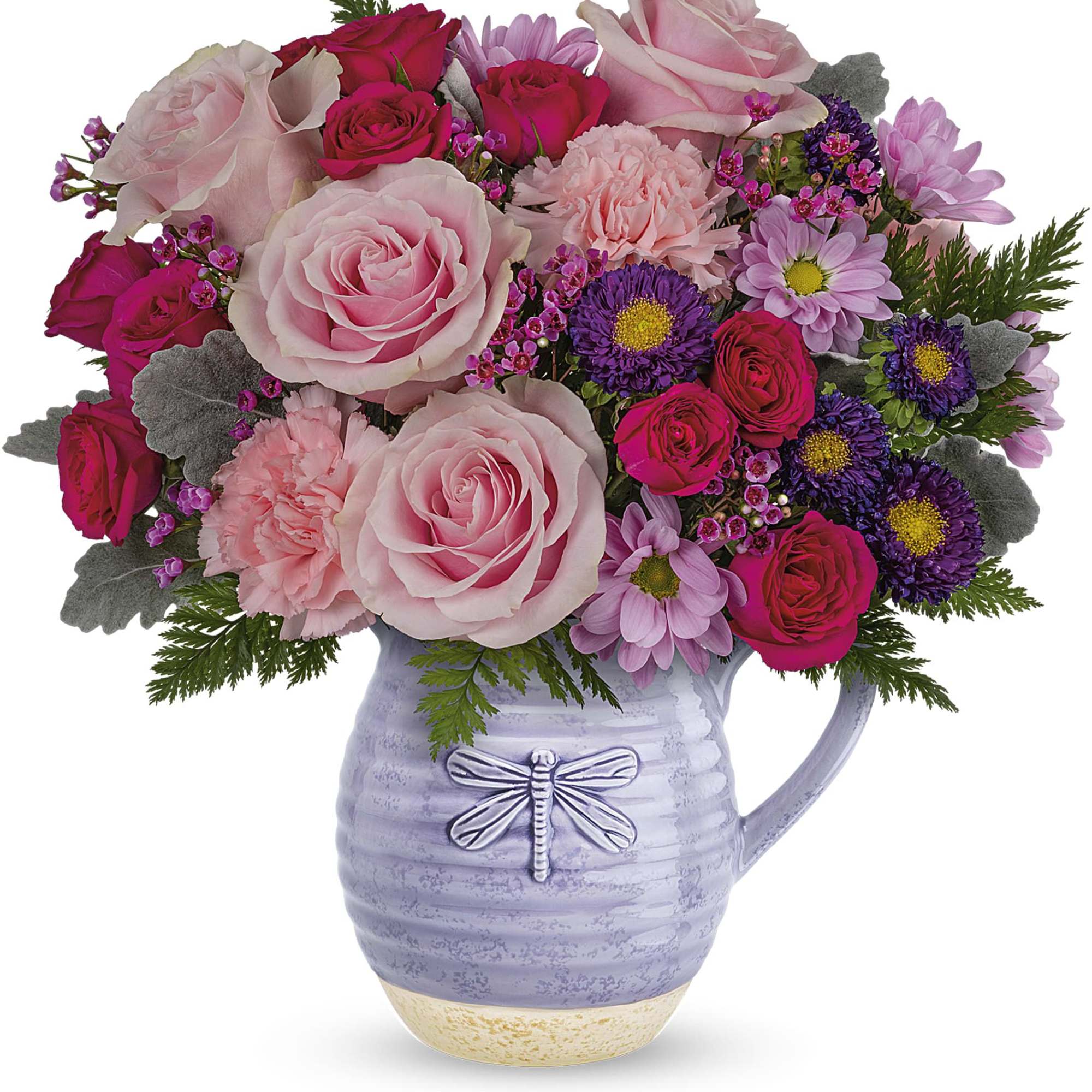 Pink and purple mixed bouquet in a lavender pitcher vase