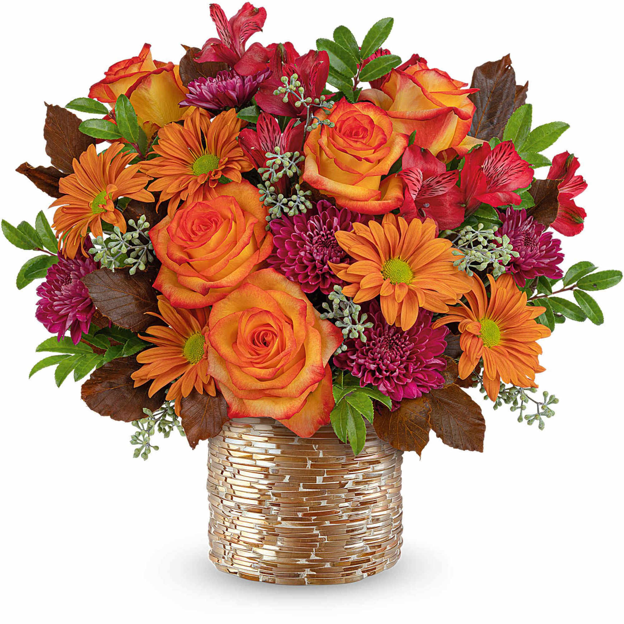 Orange roses and purple daisies in a gold-textured vase