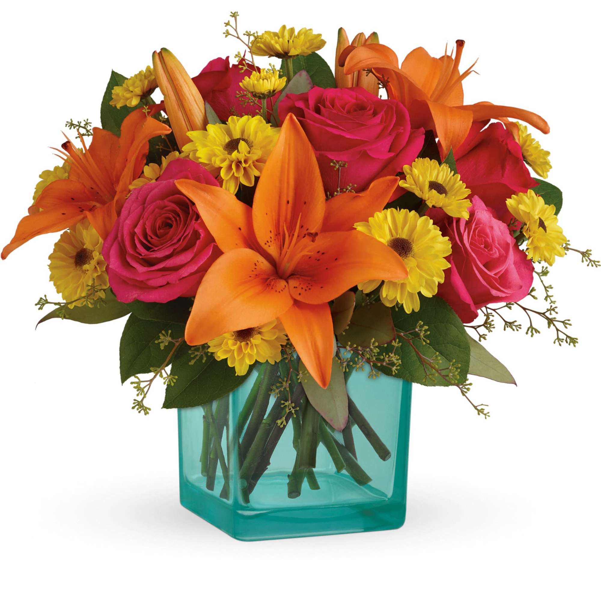 Orange lilies and pink roses in a turquoise vase