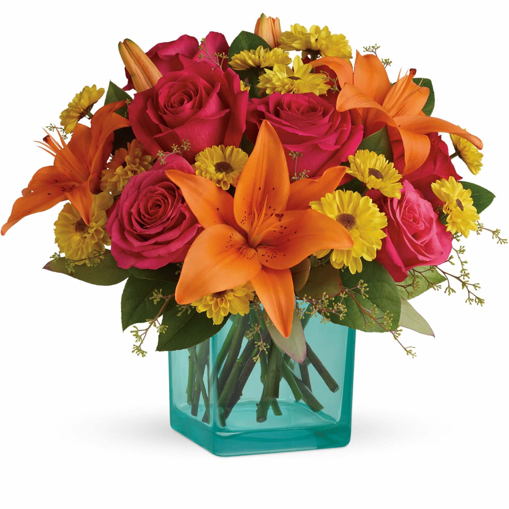 Bouquet of pink roses, orange lilies, and yellow daisies in a teal vase