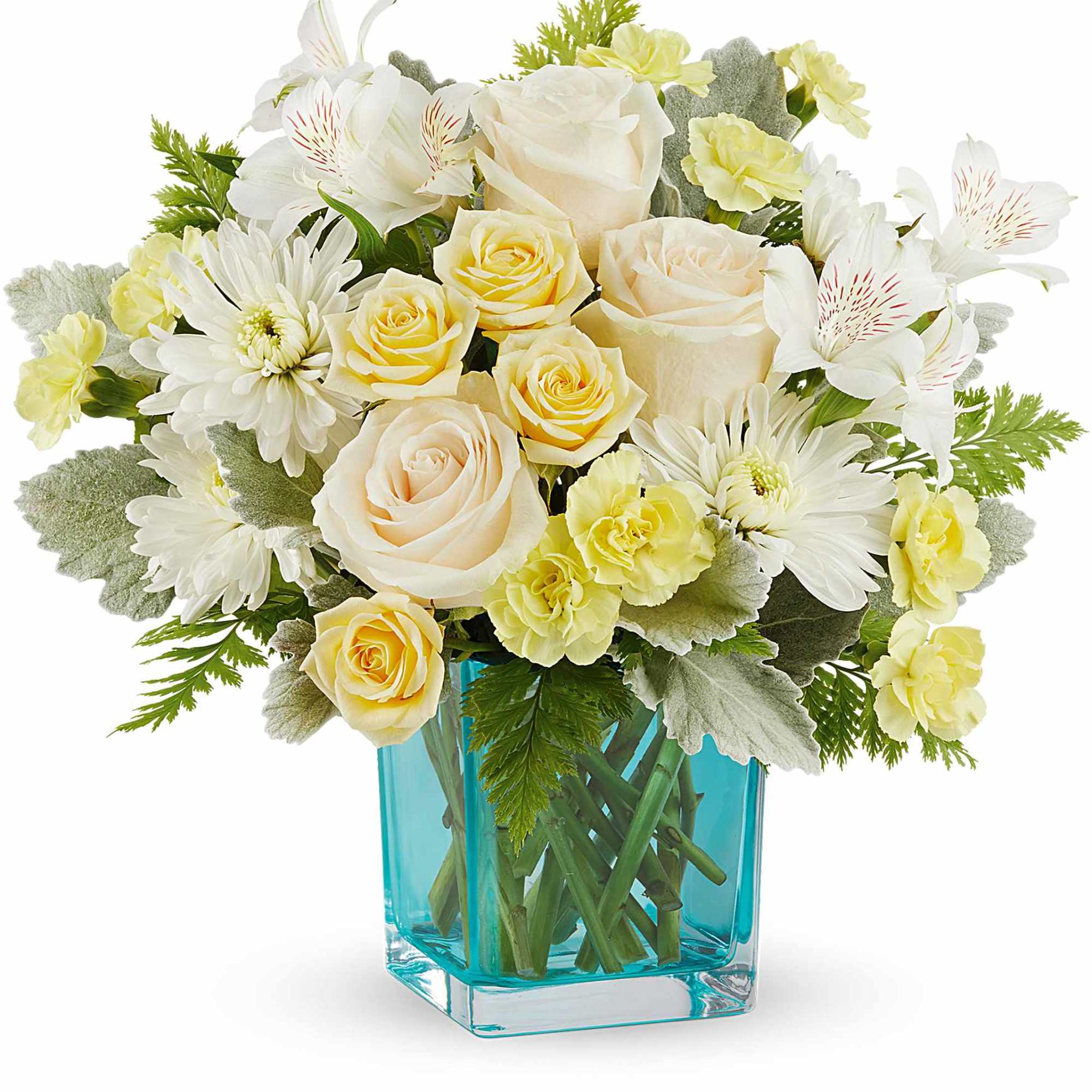 White and pale yellow bouquet in a turquoise glass vase