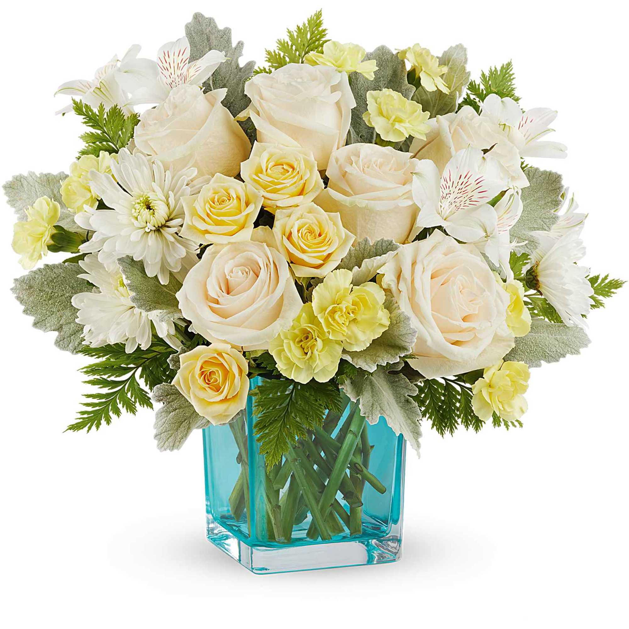 Cream roses and white daisies in a blue glass vase