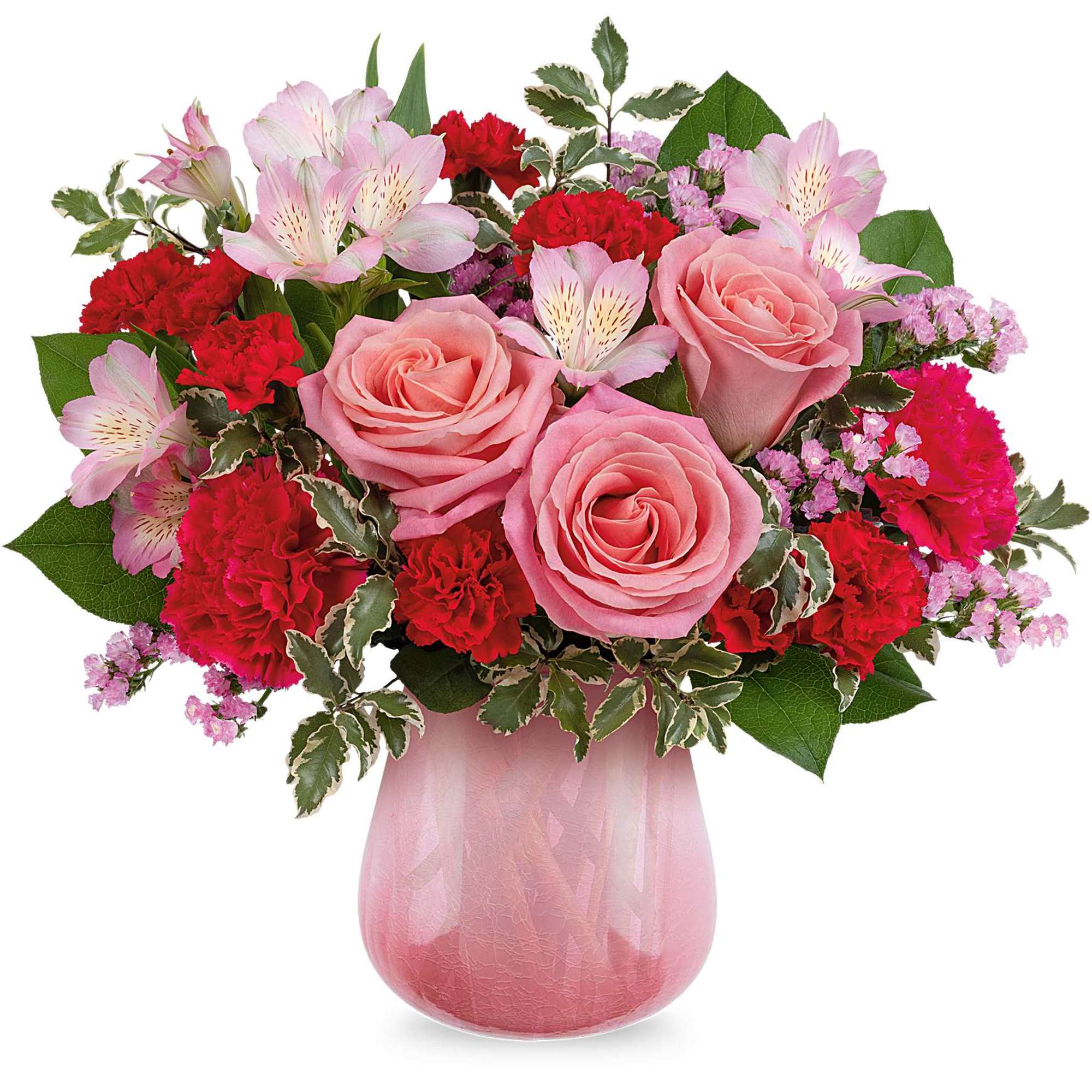 Pink roses and red carnations in a pink glass vase