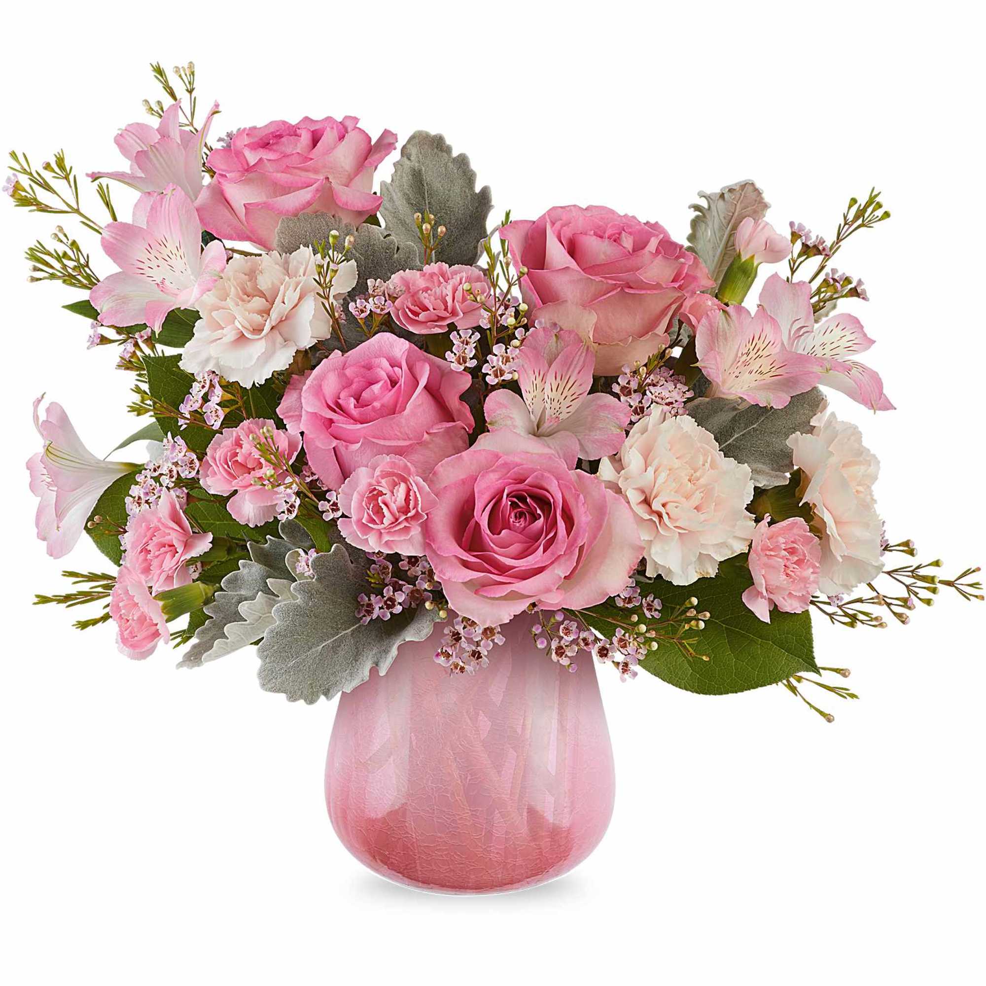 Pink roses and carnations in a pink glass vase