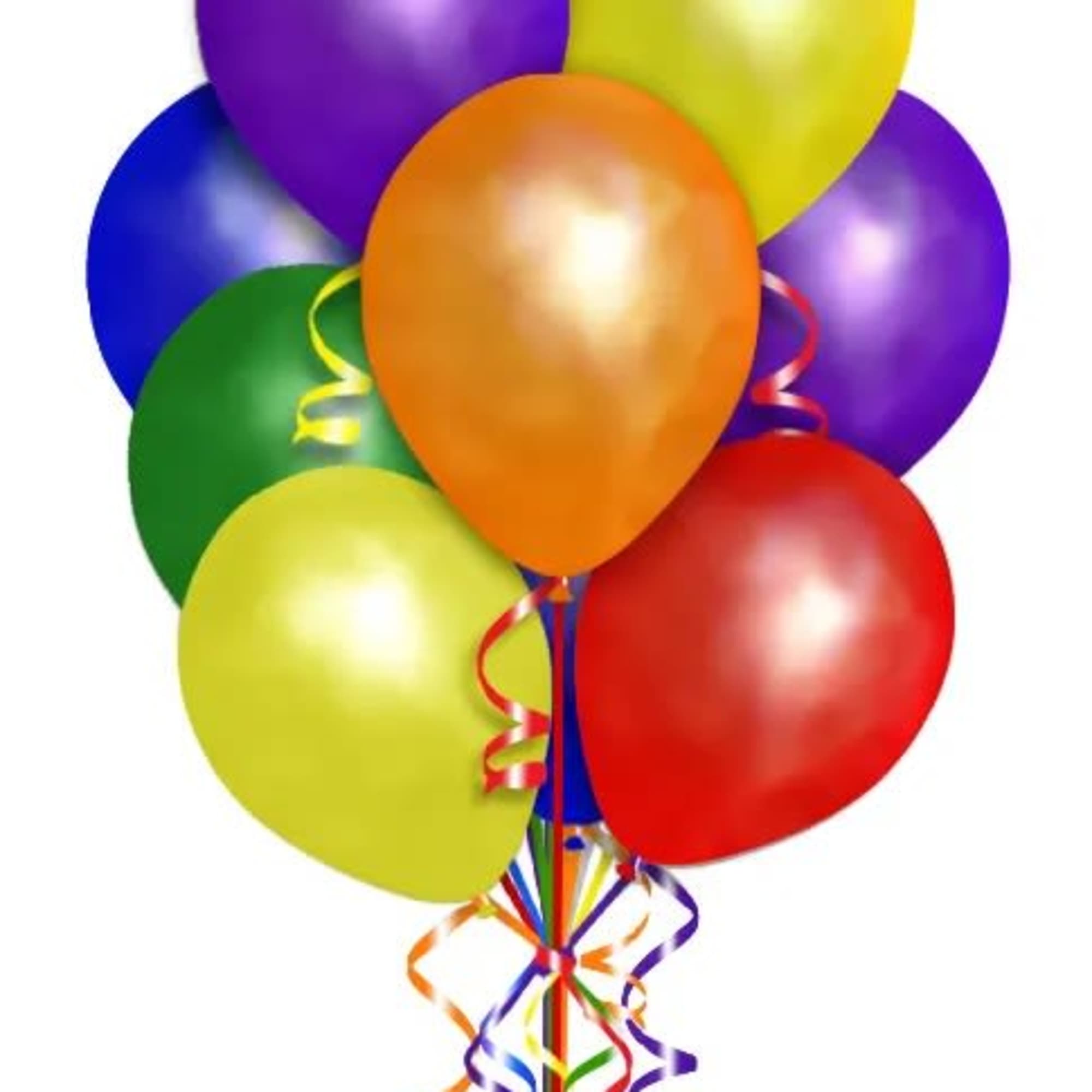 Colorful birthday balloon bouquet with a Happy Birthday balloon and streamers