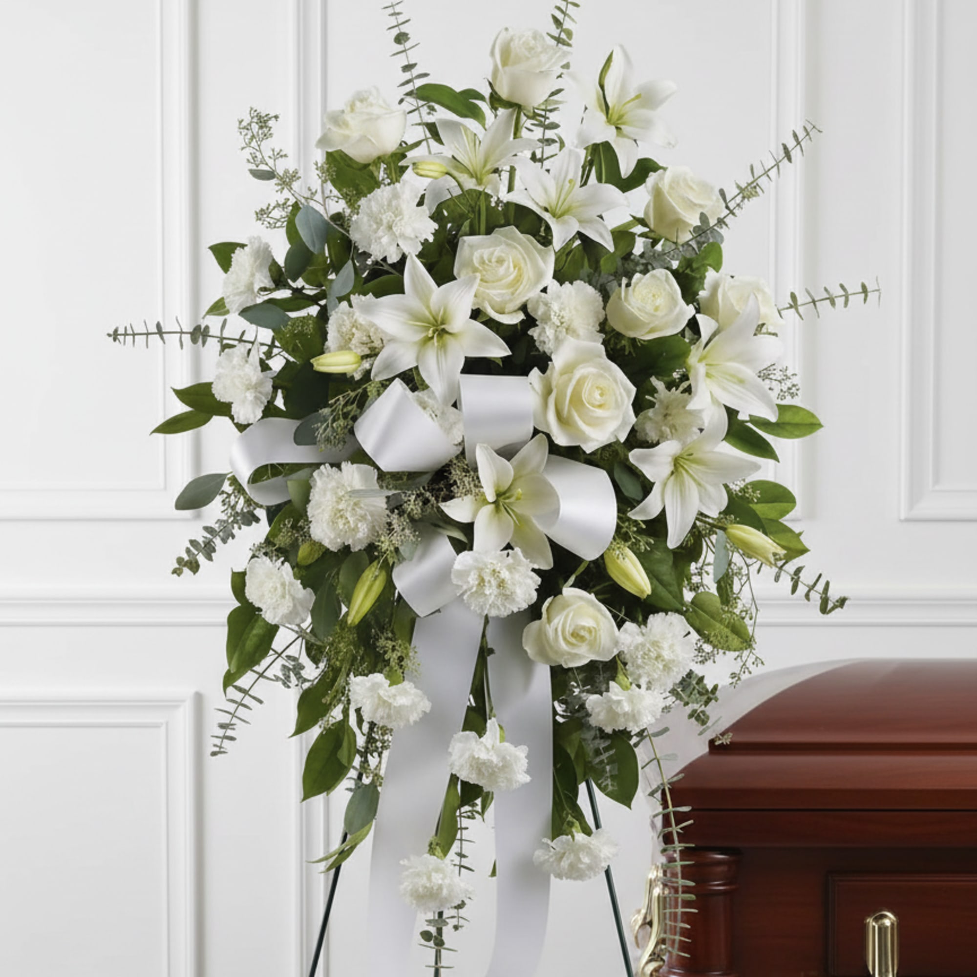 Standing spray of white roses, lilies, and carnations with a white ribbon on an easel beside a wooden casket.