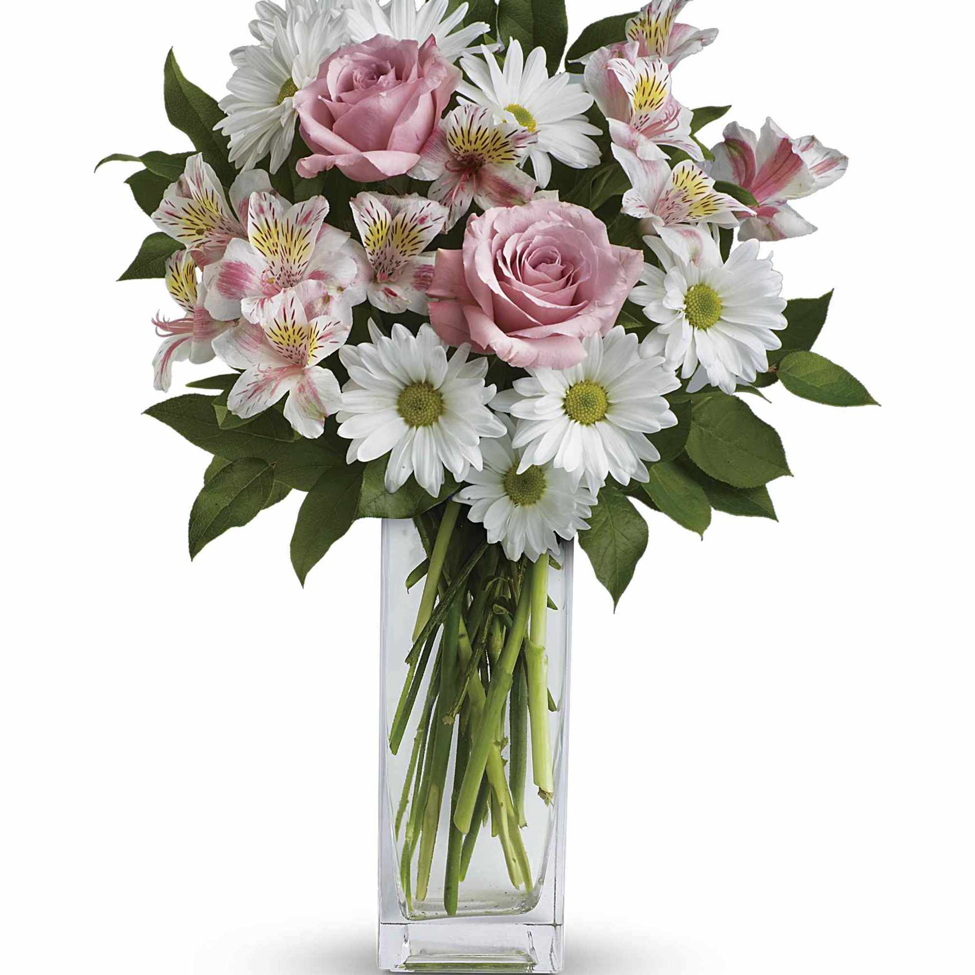Soft pink roses and carnations mingle with crisp white daisies and pink-striped