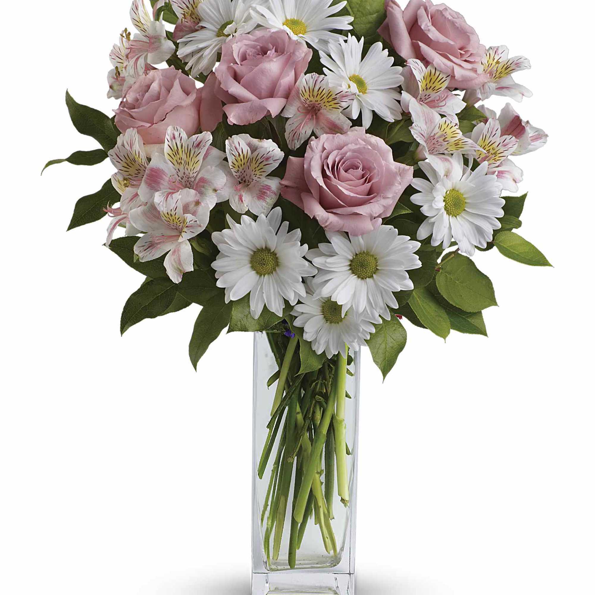 Soft pink roses and carnations mingle with crisp white daisies and pink-striped