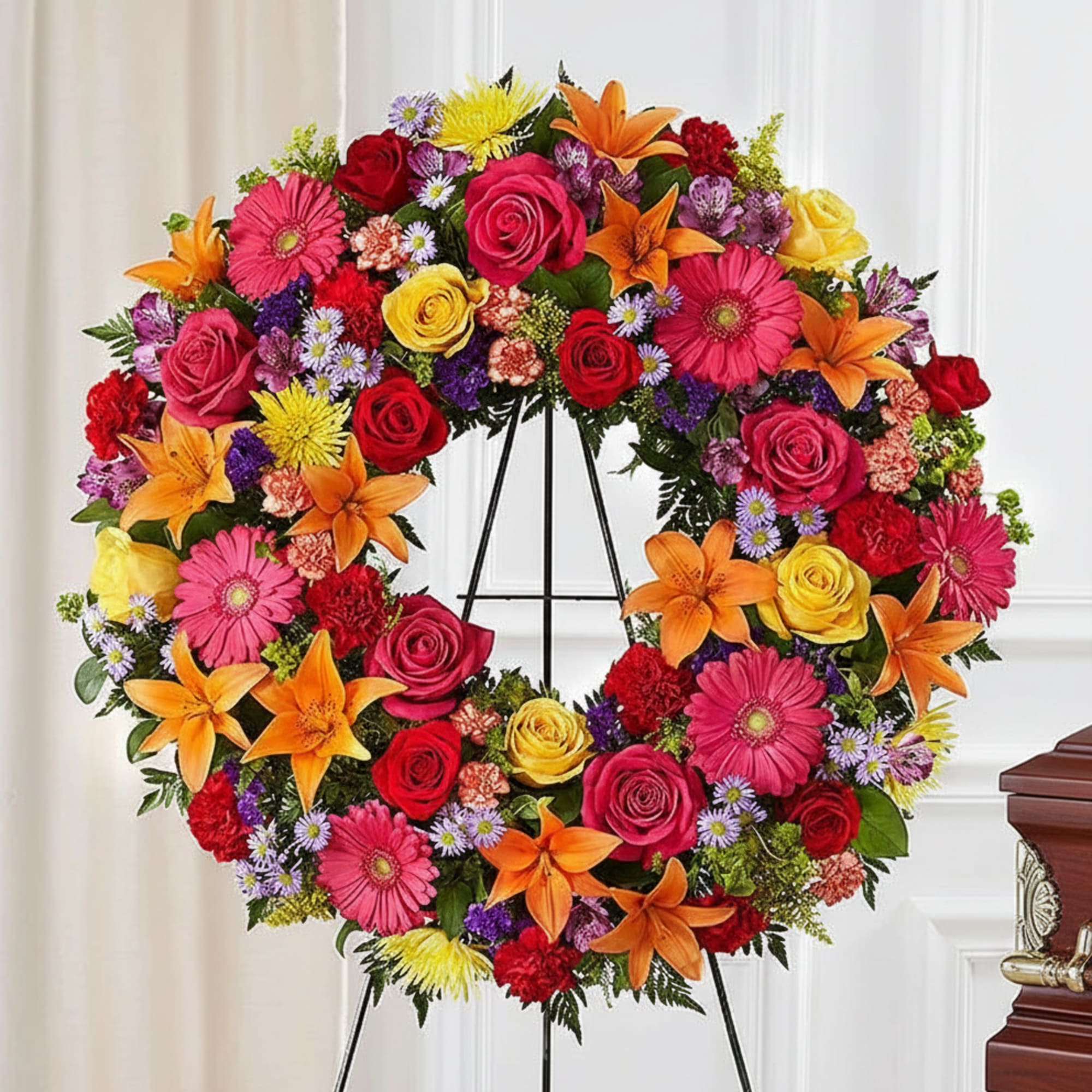 Colorful floral wreath on a black stand with roses, lilies, and daisies