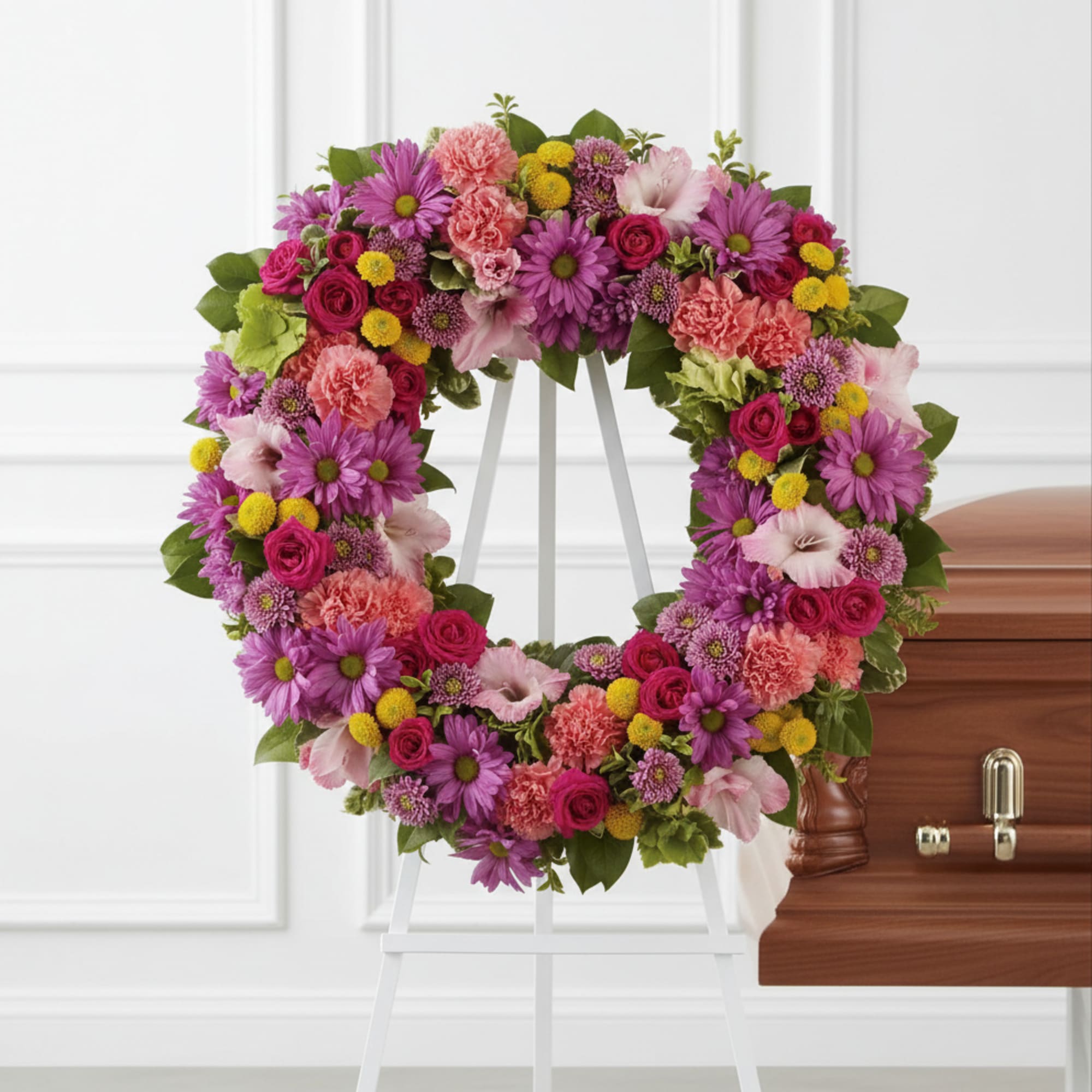 Colorful floral funeral wreath on a white stand beside a casket