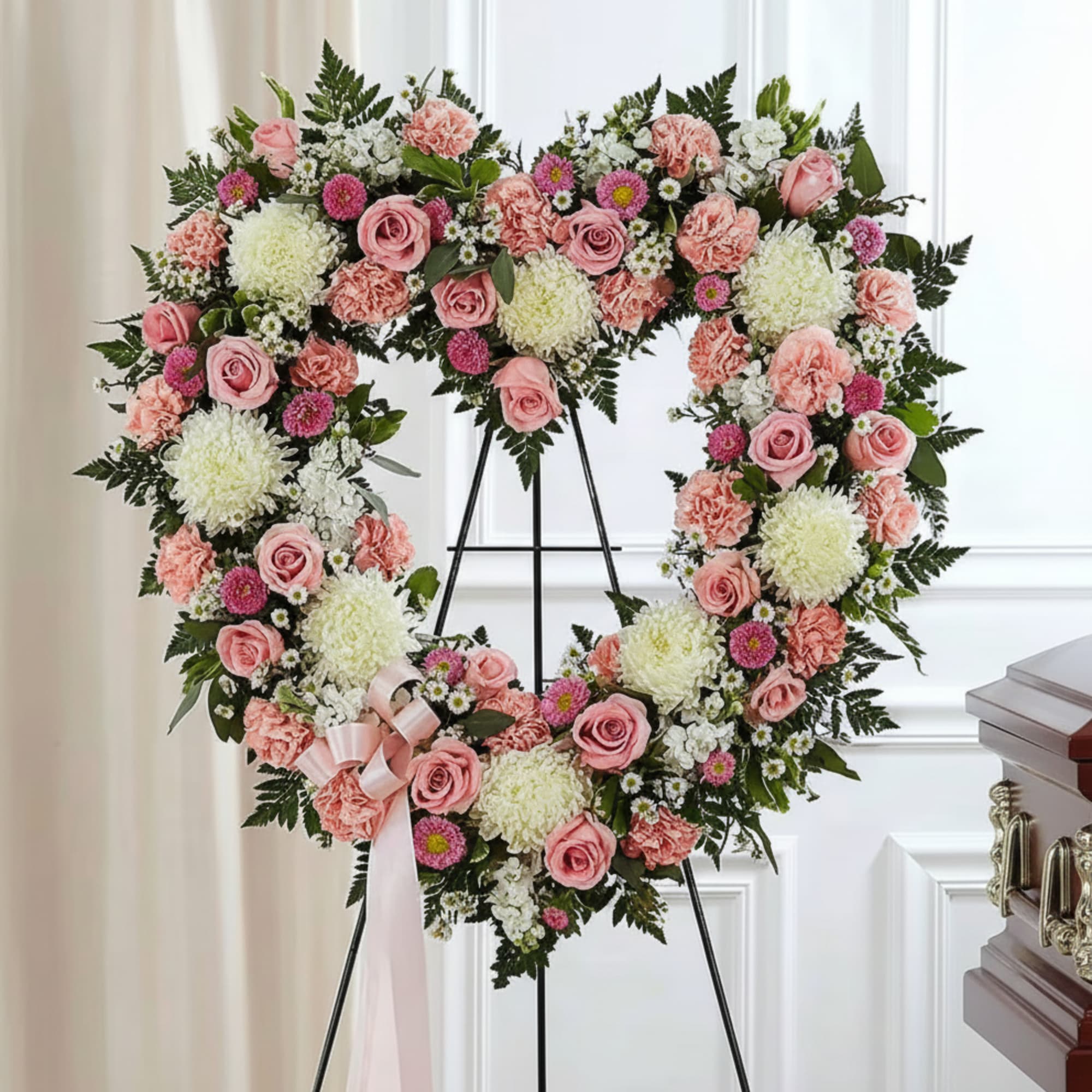 Heart-shaped floral wreath with pink roses and white blooms on a stand