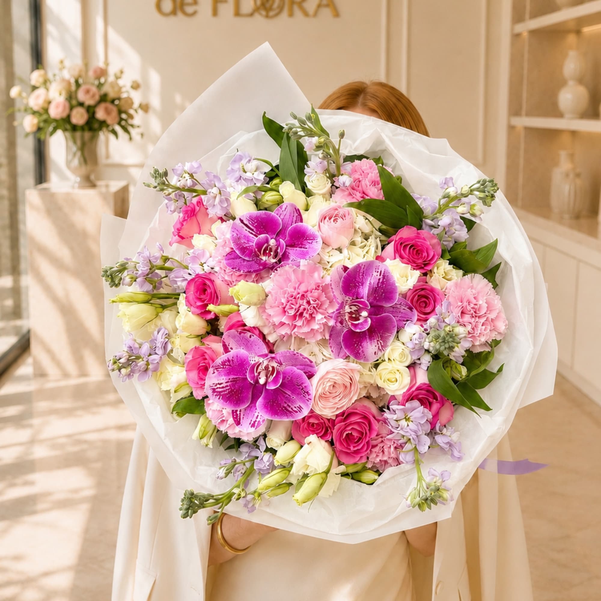 Large bouquet of pink, white, and purple flowers wrapped in white paper