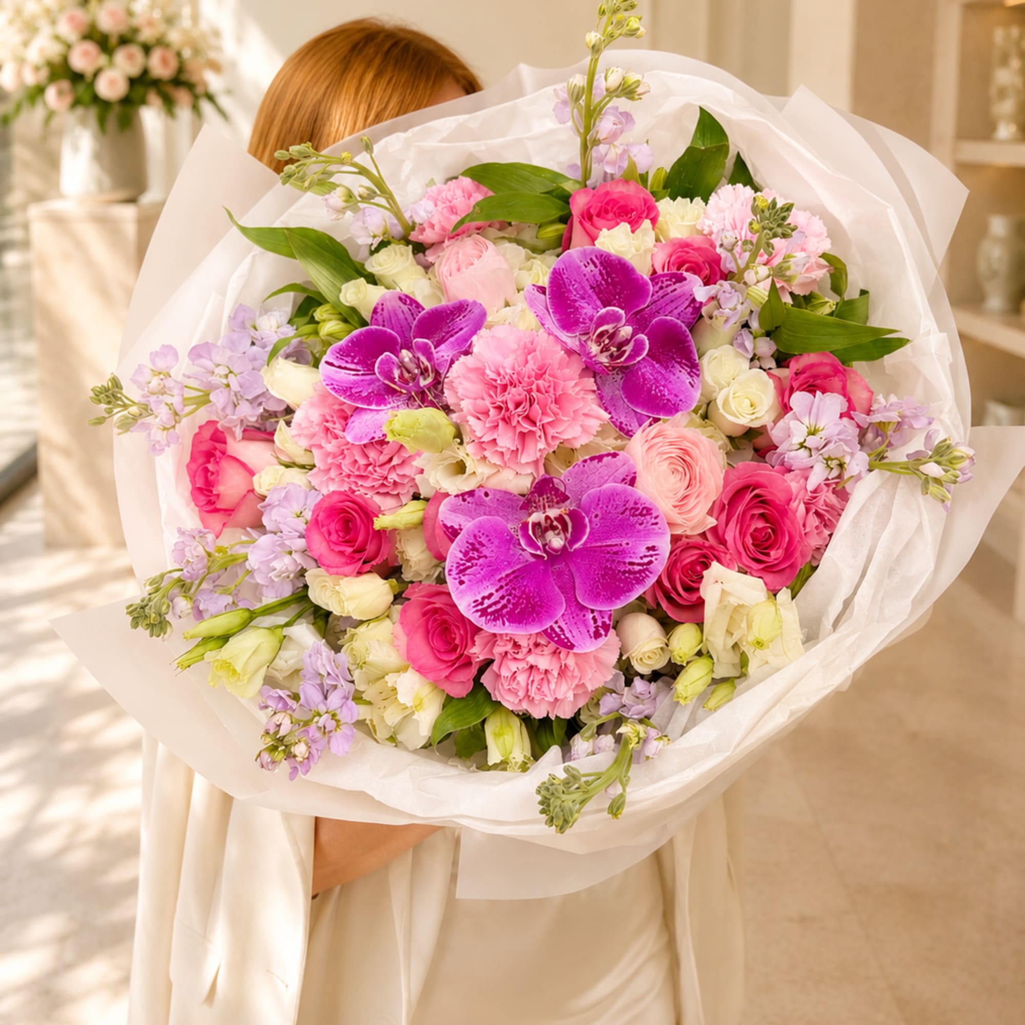 Large bouquet of pink and purple flowers wrapped in white paper