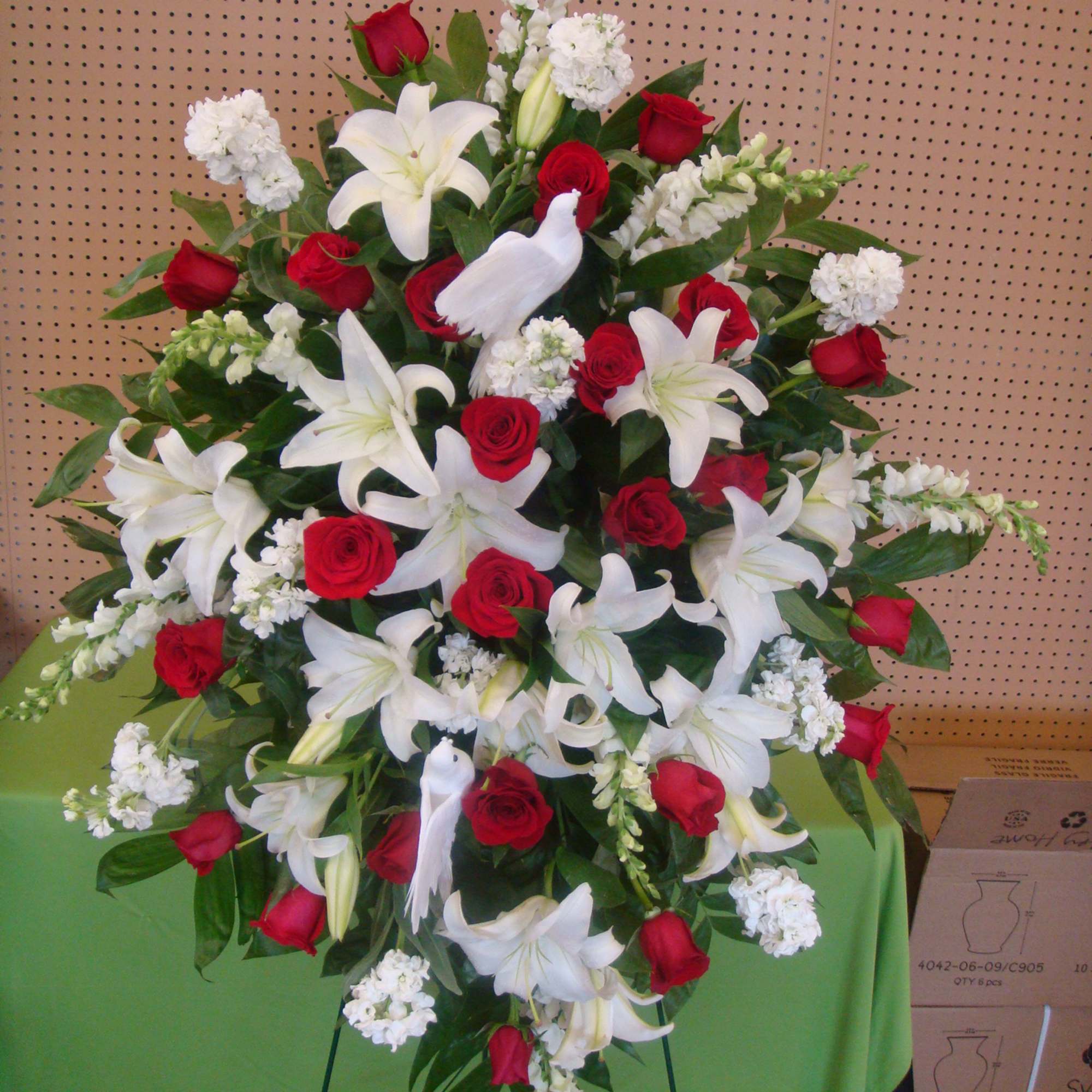 White Lilies &amp; Red Roses Easel Spray, photo 2 of 4