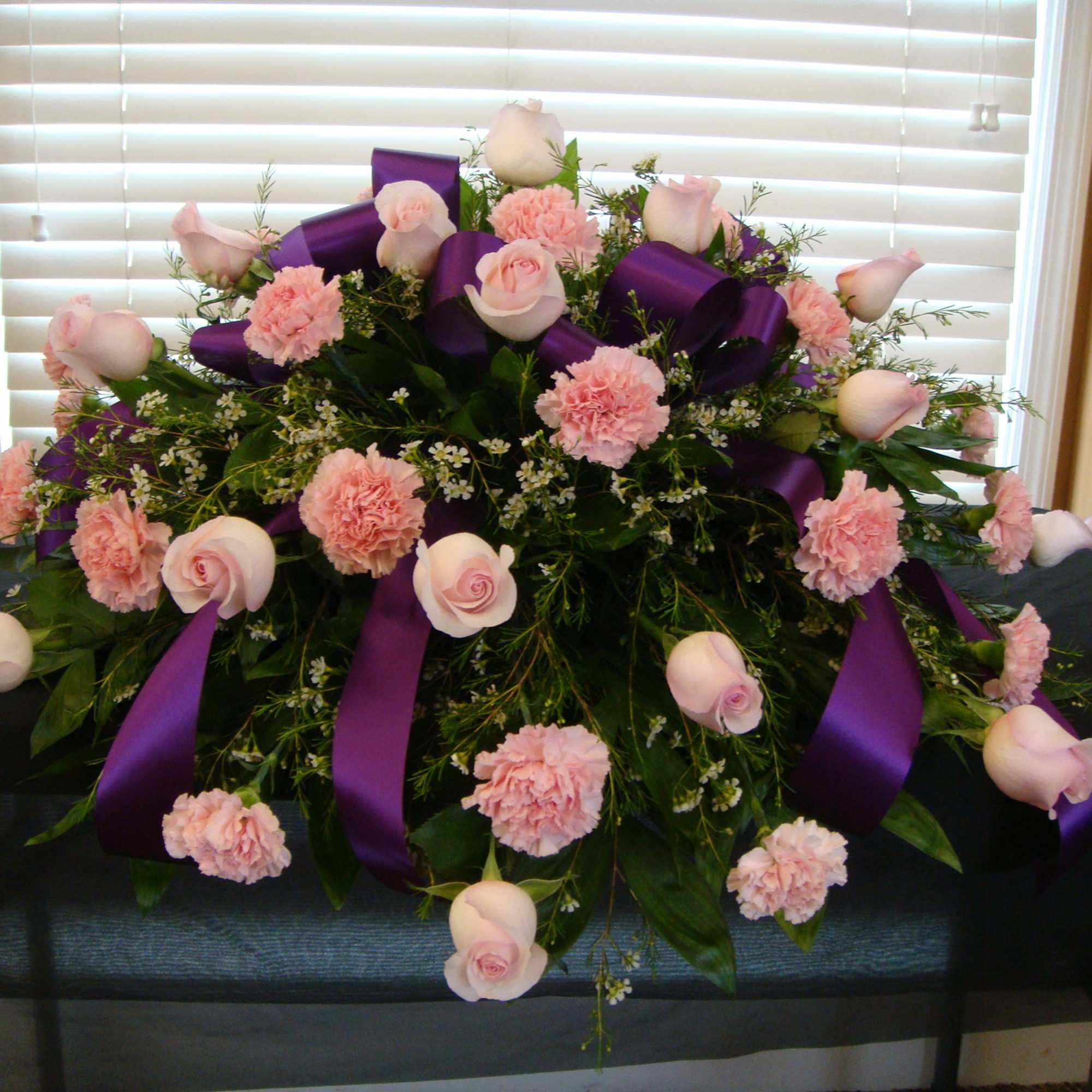 Casket Cover in Pinks With Purple Ribbon, photo 2 of 2