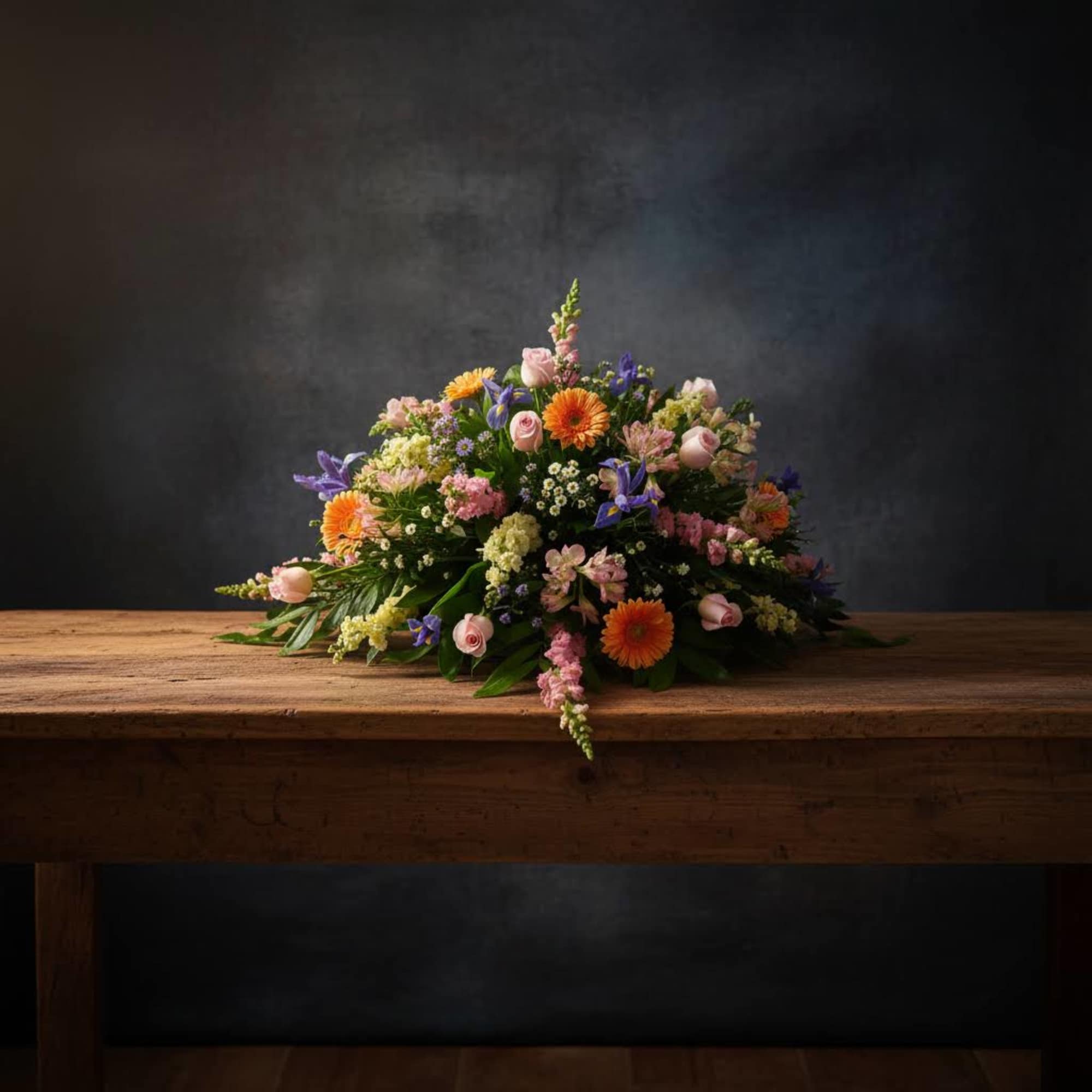 Casket Cover Of Peach,Pinks, Yellows &amp; Purple