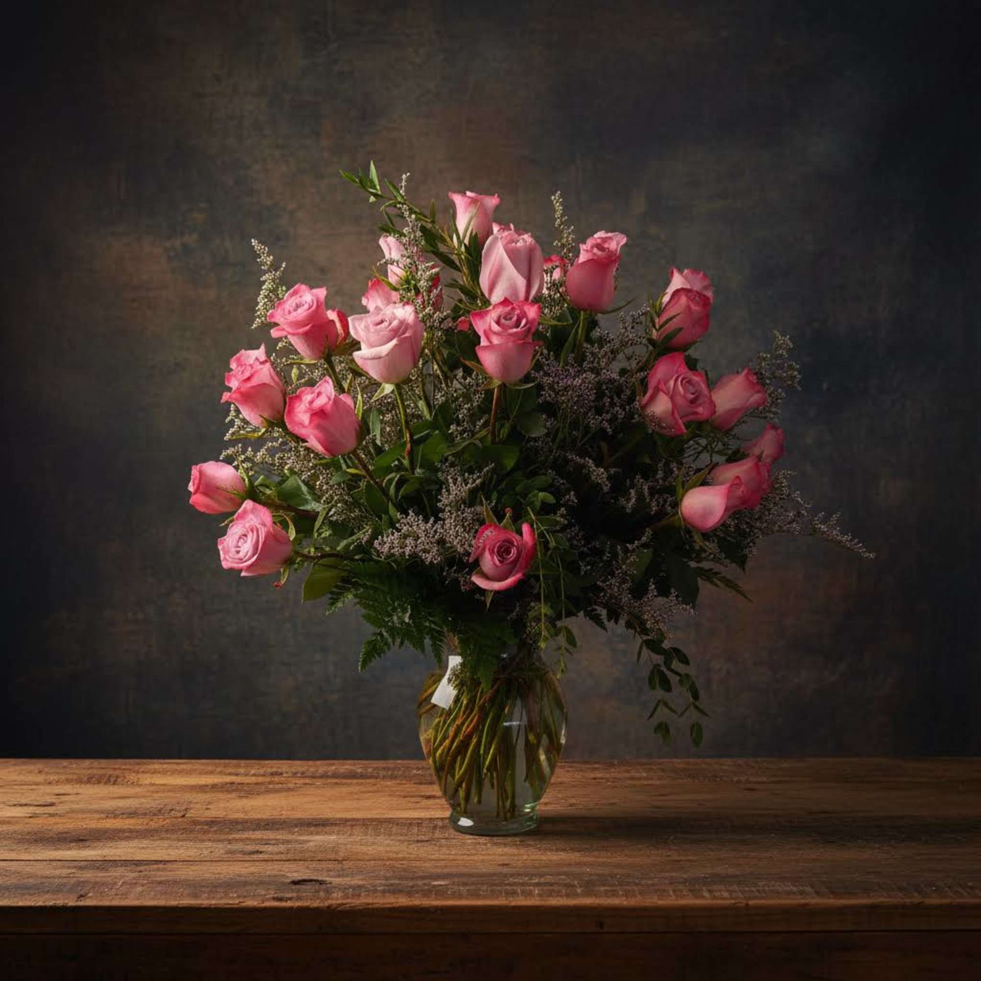 Pink roses arranged in a clear glass vase