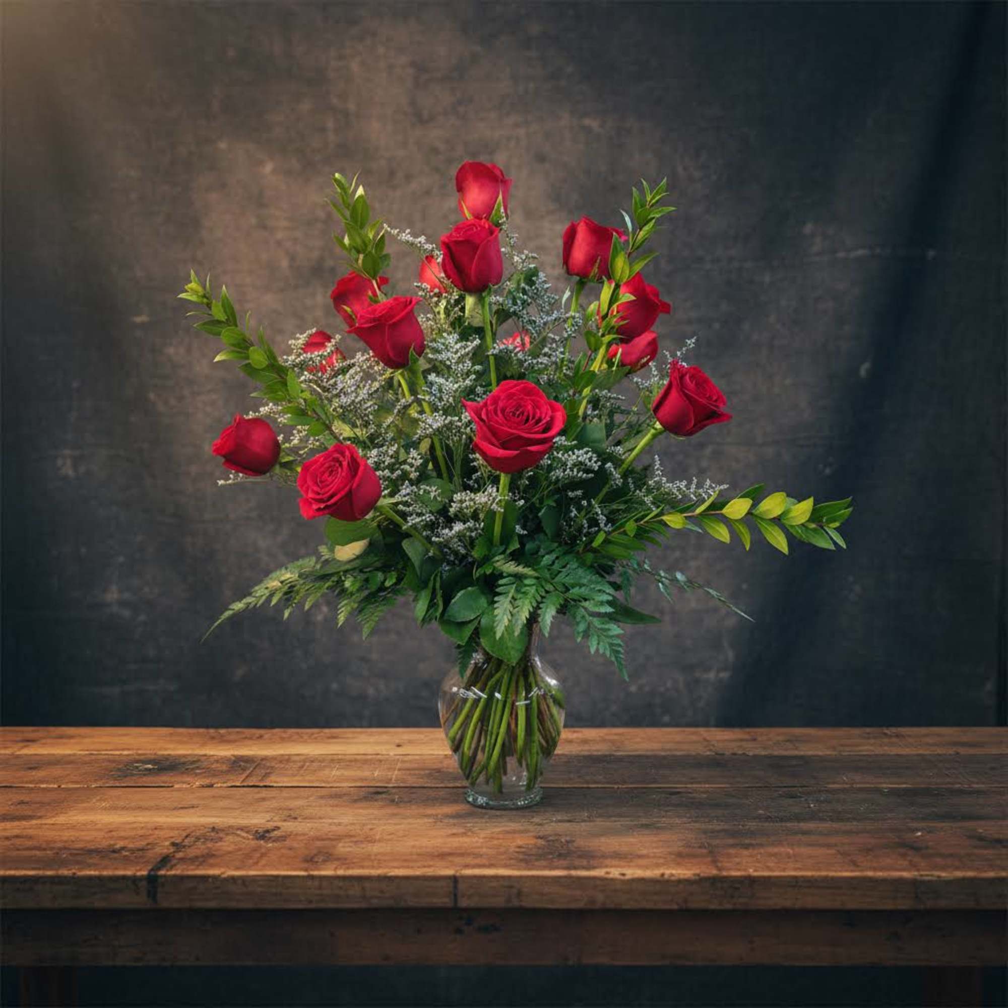 18 Red Rose With Caspia and Mixed Greens 
