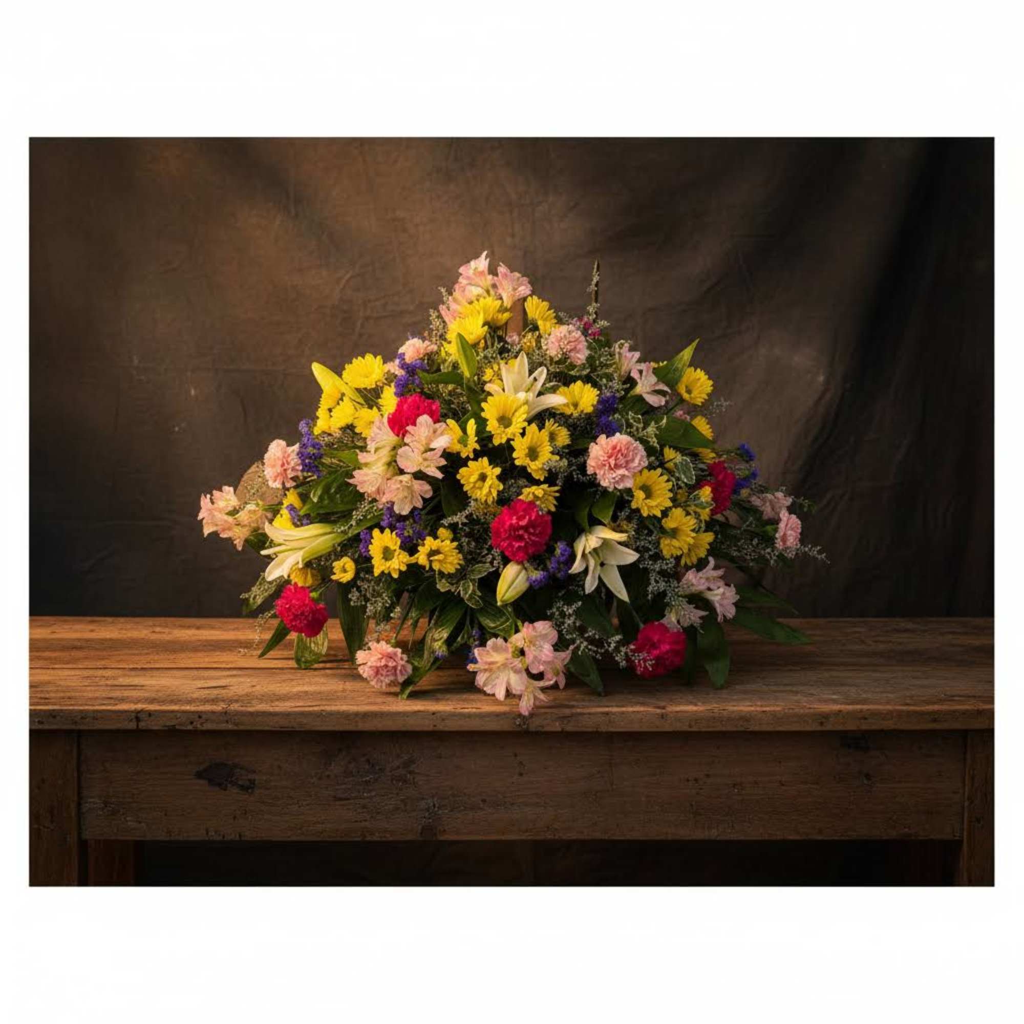 Mixed bouquet of yellow, pink, white, and purple flowers on a wooden table