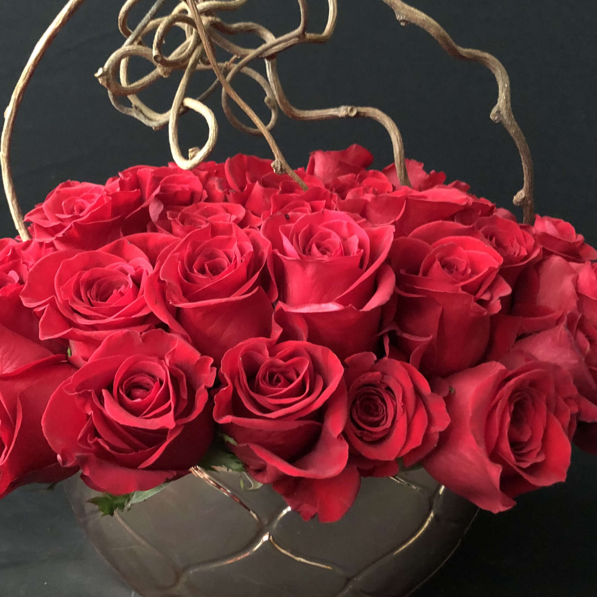 50  red roses in a modern rose gold bowl. She will, photo 12 of 13