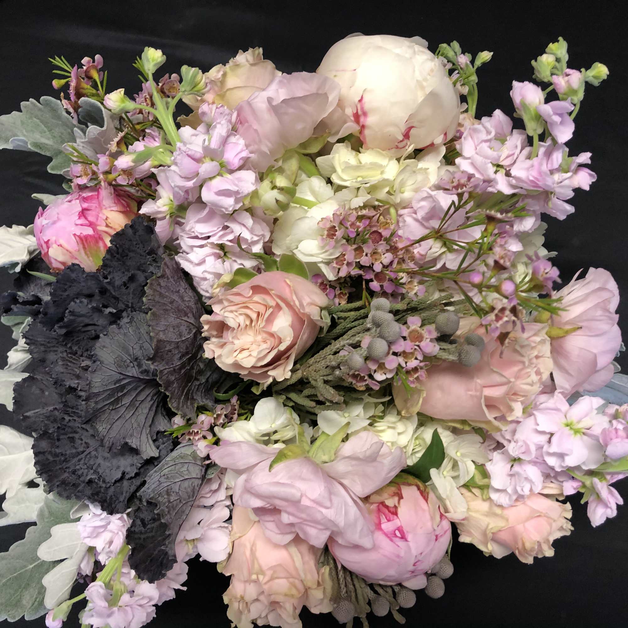 Pastel bouquet of pink peonies, roses, hydrangea, and stock with dark purple accents on a black background