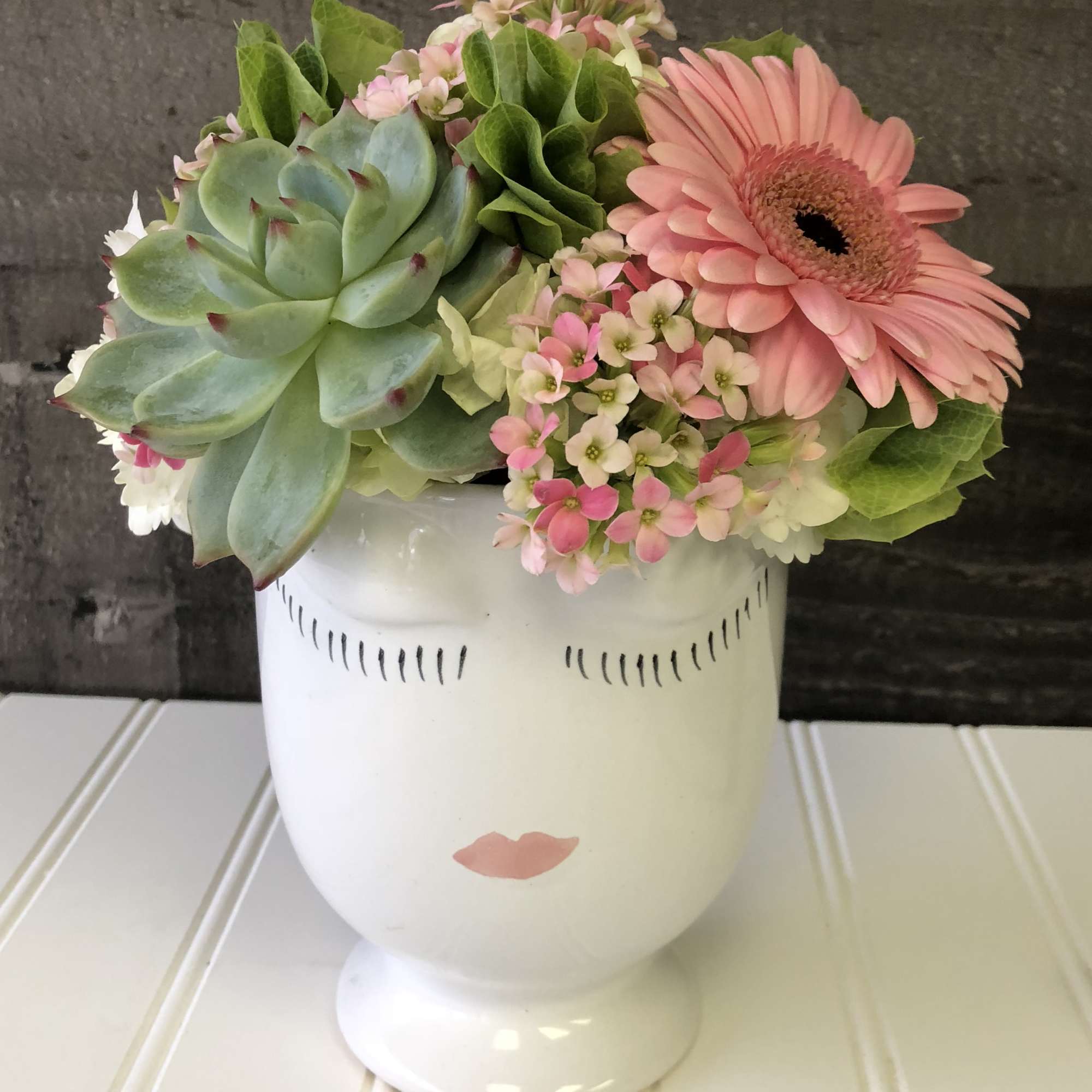 This adorable "selfie" vase is filled with succulents, hydrangea &amp; gerbera. , photo 2 of 2