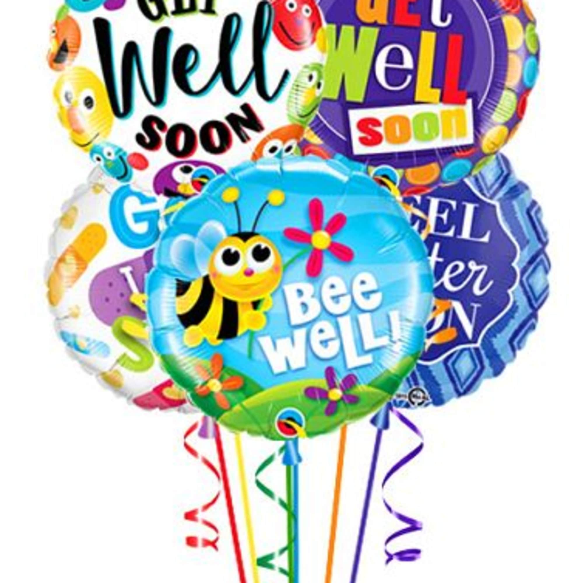 Cluster of colorful get well soon balloons with ribbons