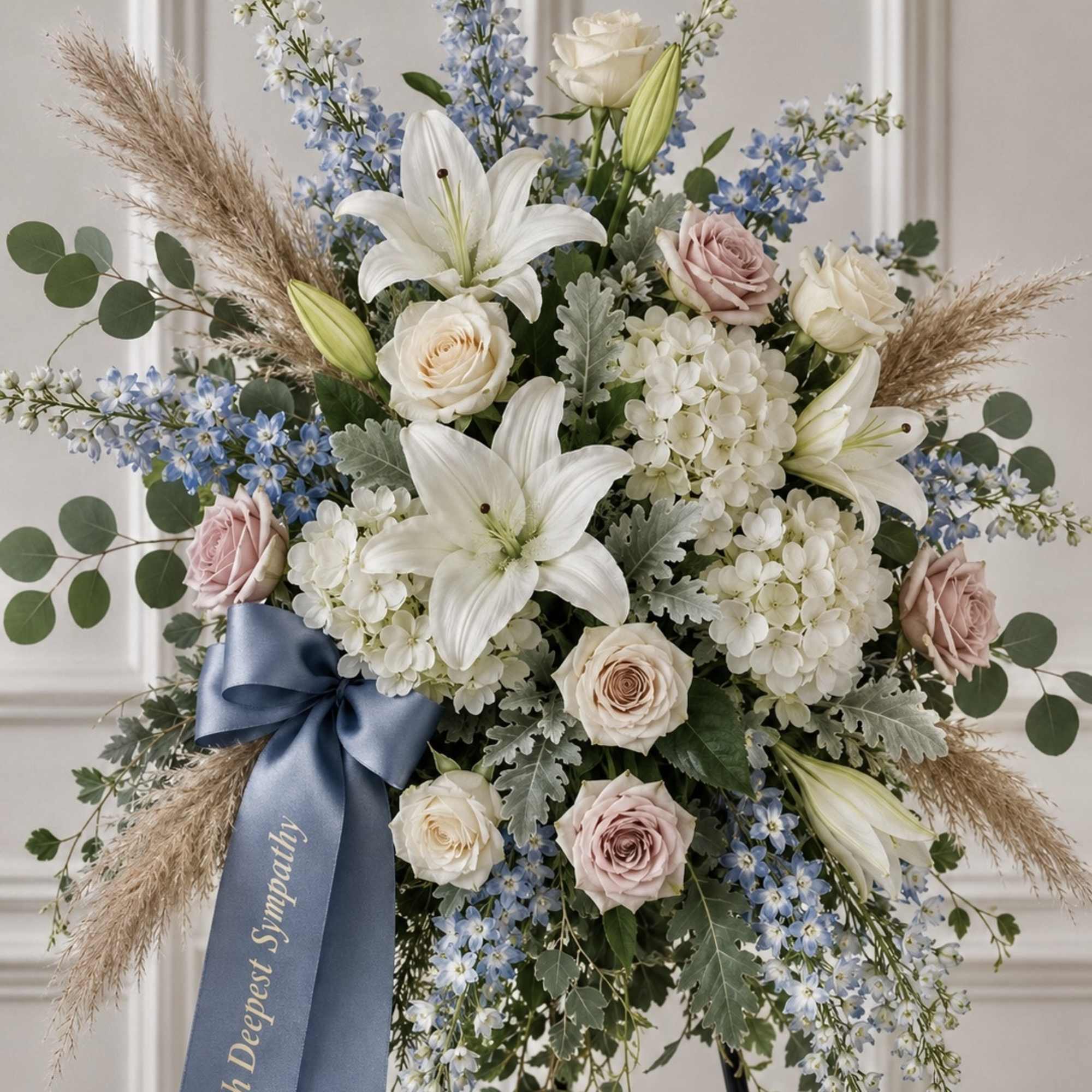 Standing floral spray with white lilies, pale roses, and blue flowers on a ribboned easel