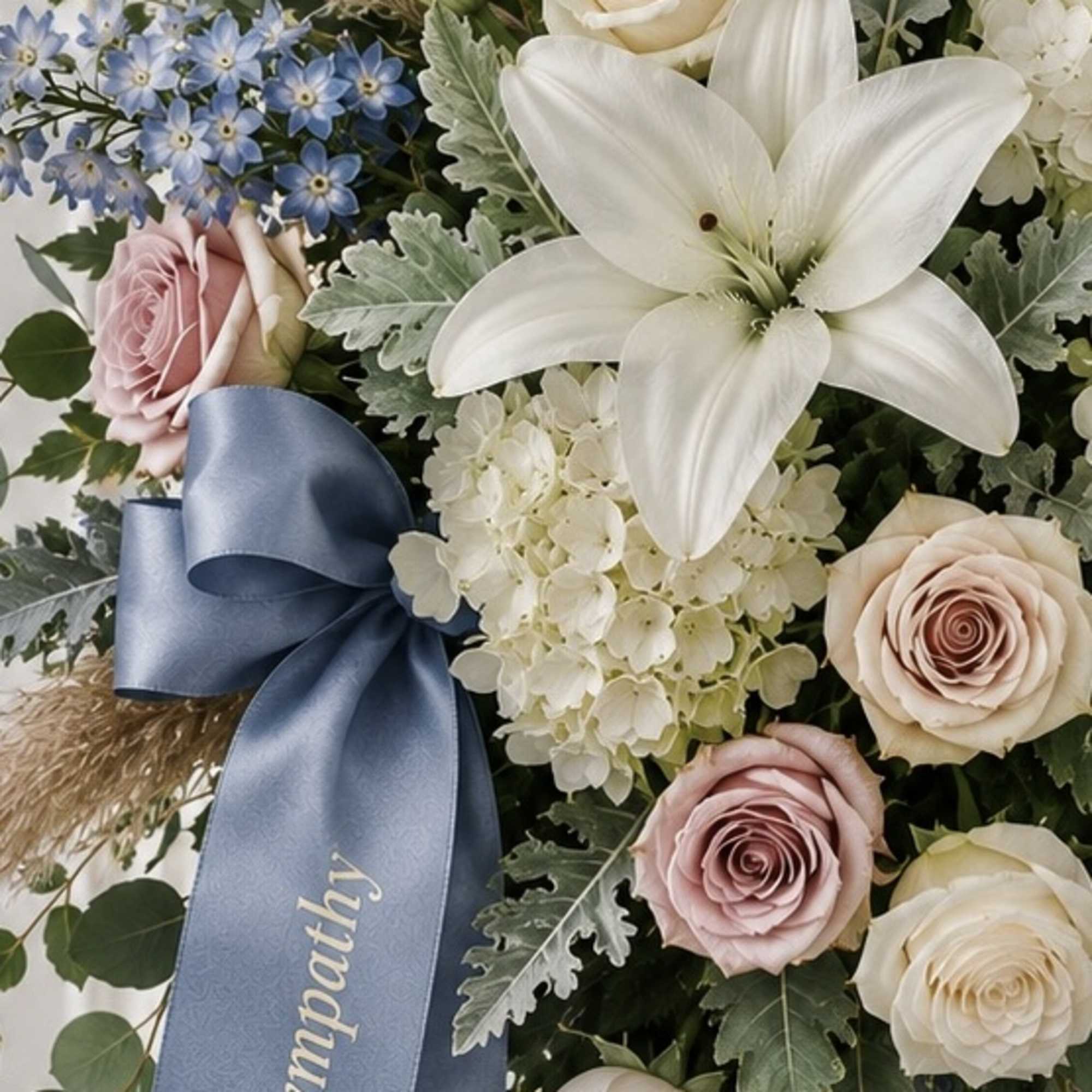 Bouquet of white lilies, pale roses, and blue flowers with a blue ribbon
