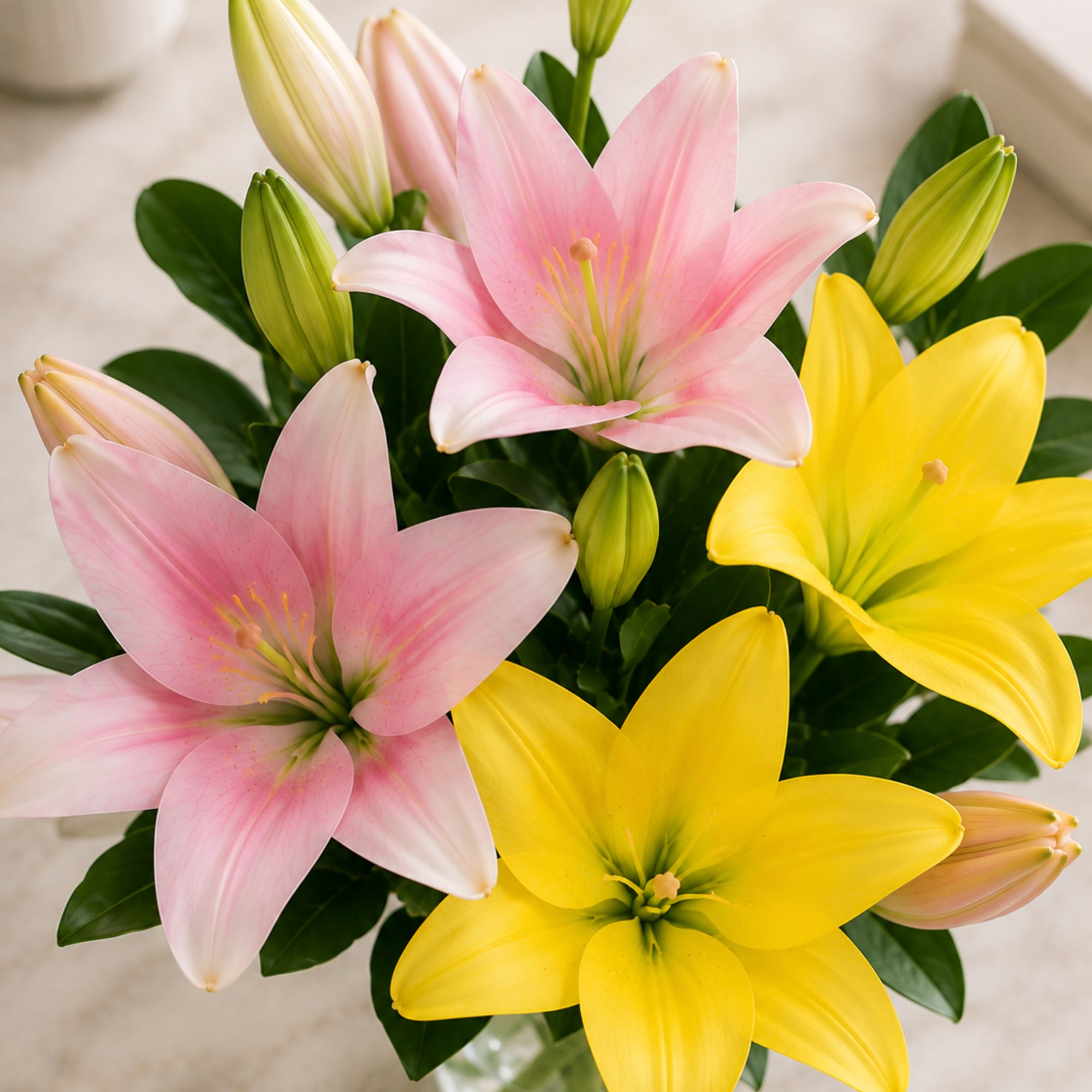 Bouquet of pink and yellow lilies in a glass vase