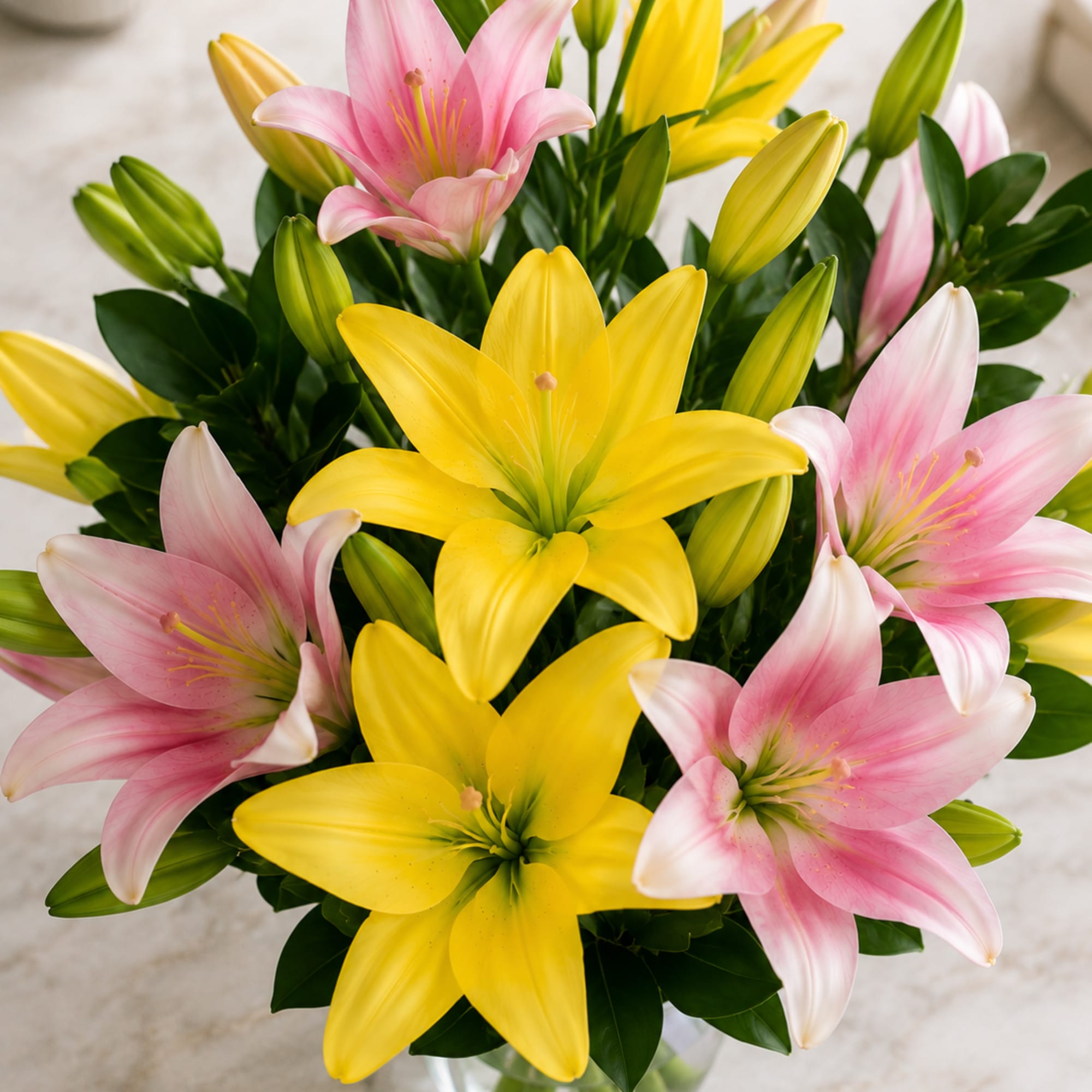 Pink and yellow lilies in a clear glass vase