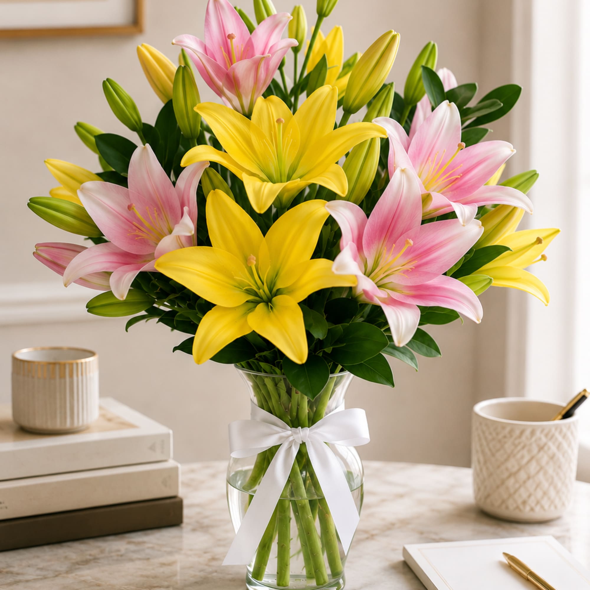 Pink and yellow lilies in a clear glass vase with a white ribbon