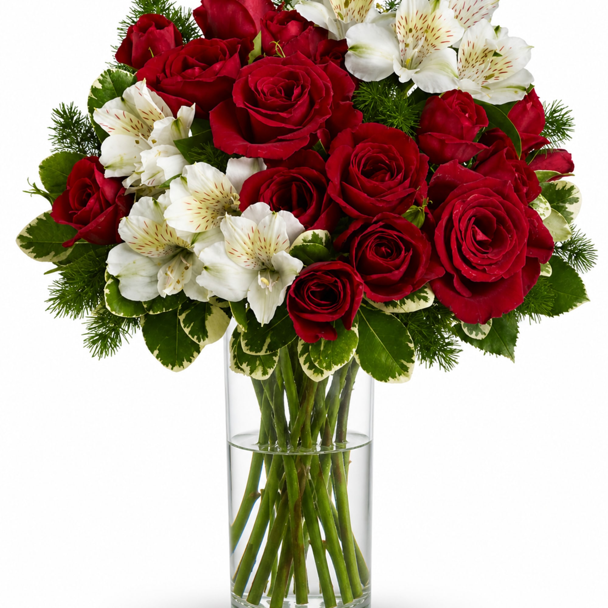 A half dozen red roses and alstroemeria surrounded by variegated pittosporum with