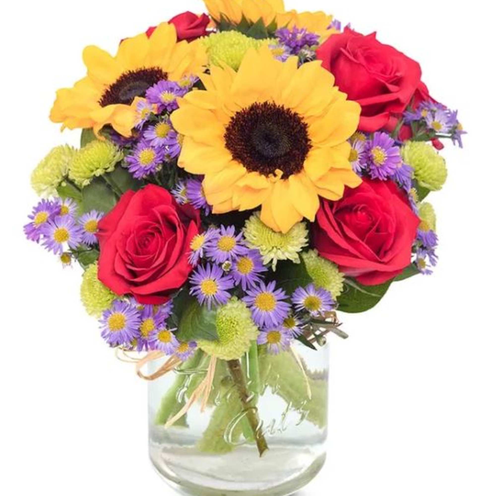 Bouquet of sunflowers, red roses, and purple daisies in a glass vase
