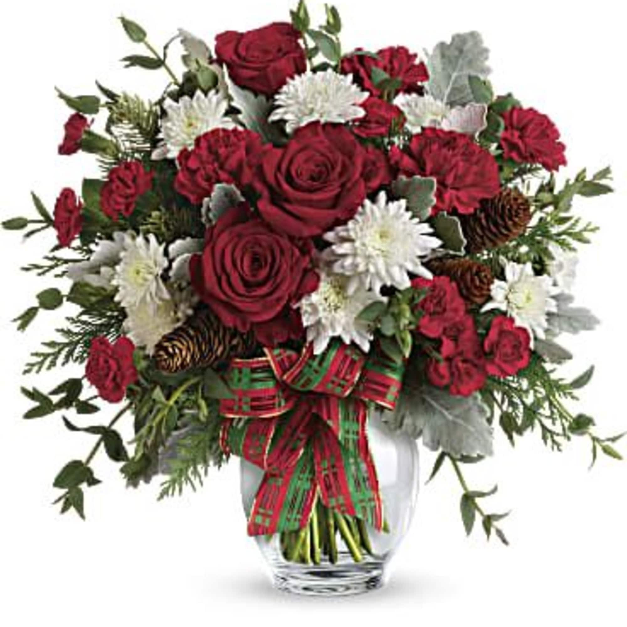 Red roses and white daisies in a glass vase with a plaid ribbon