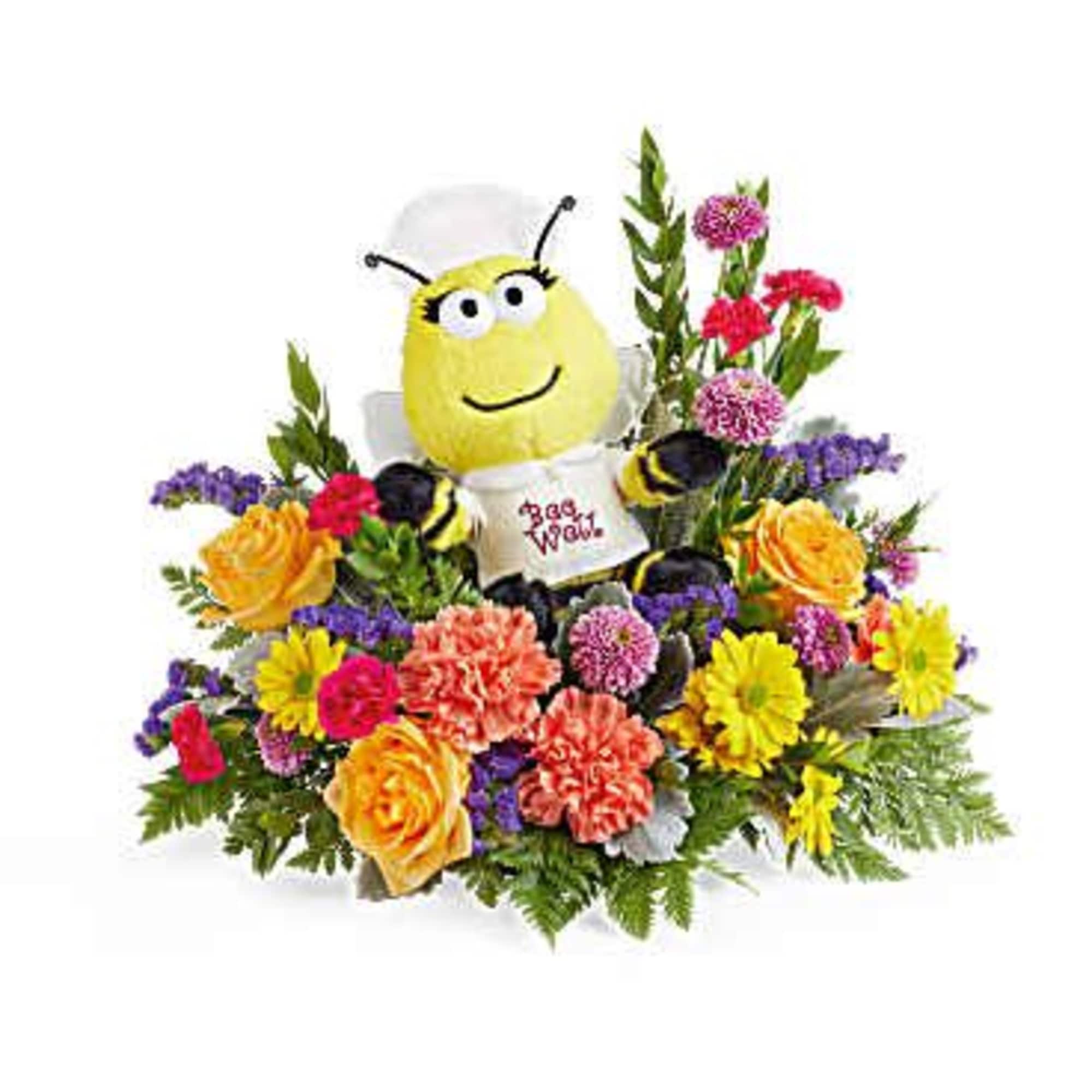 Colorful flower arrangement with a yellow plush bee and a small sign