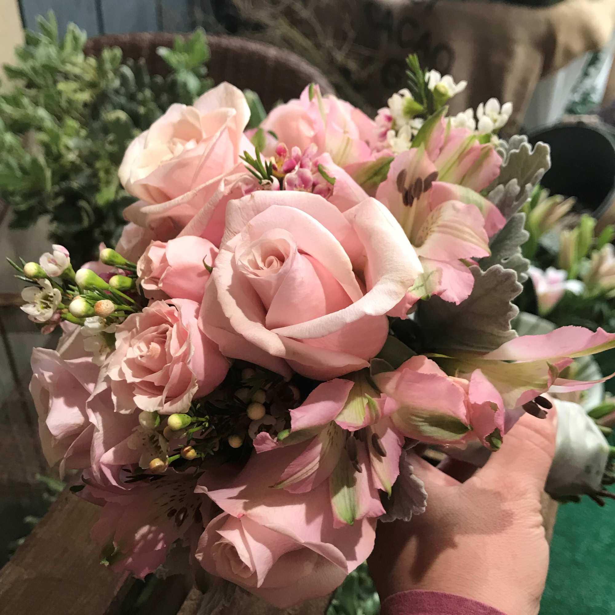 A Soft mix of pink roses, pink spray roses, pink alstroemeria, wax, photo 2 of 2