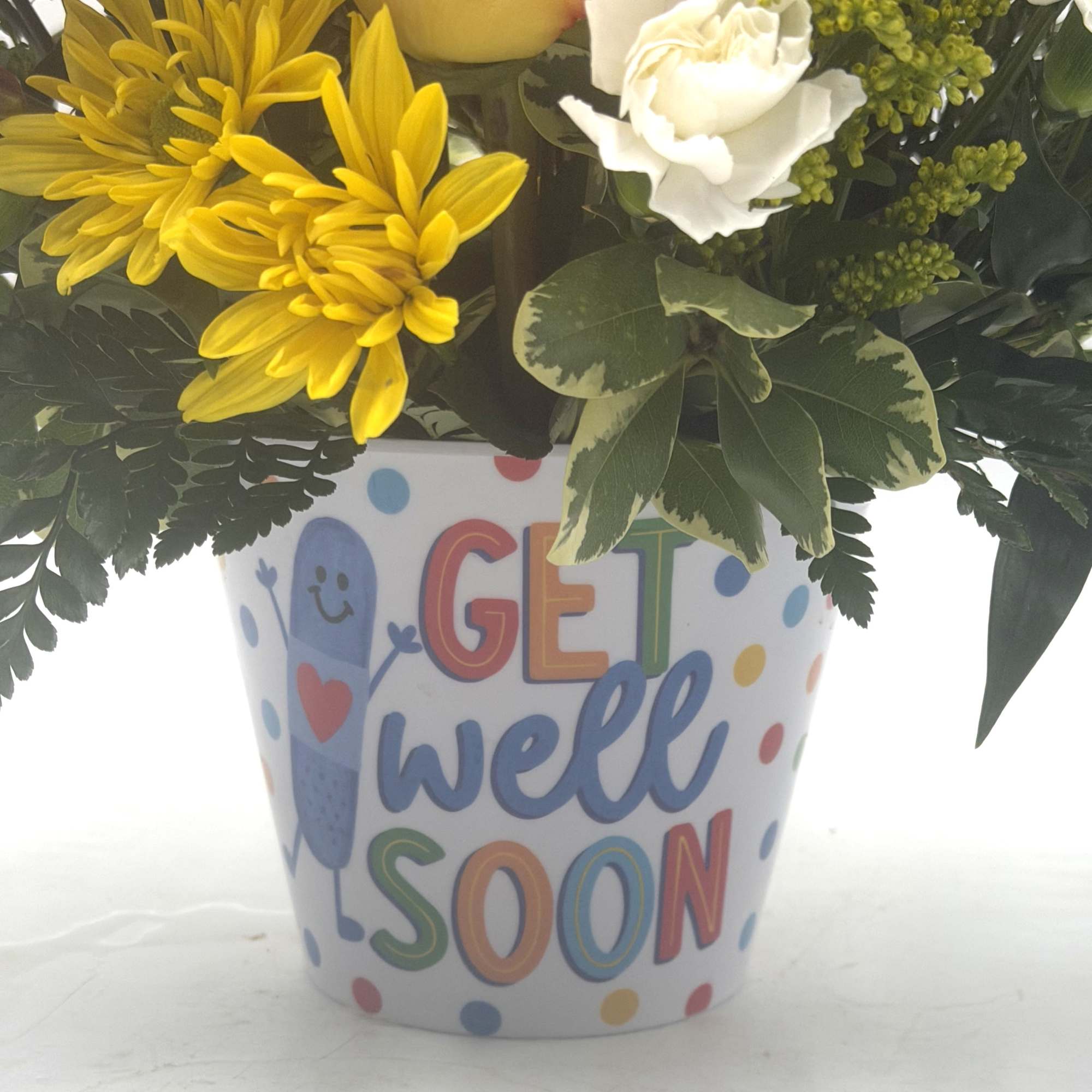 A vibrant get-well arrangement bursting with cheerful yellow daisies, bi-color roses, red, photo 3 of 3
