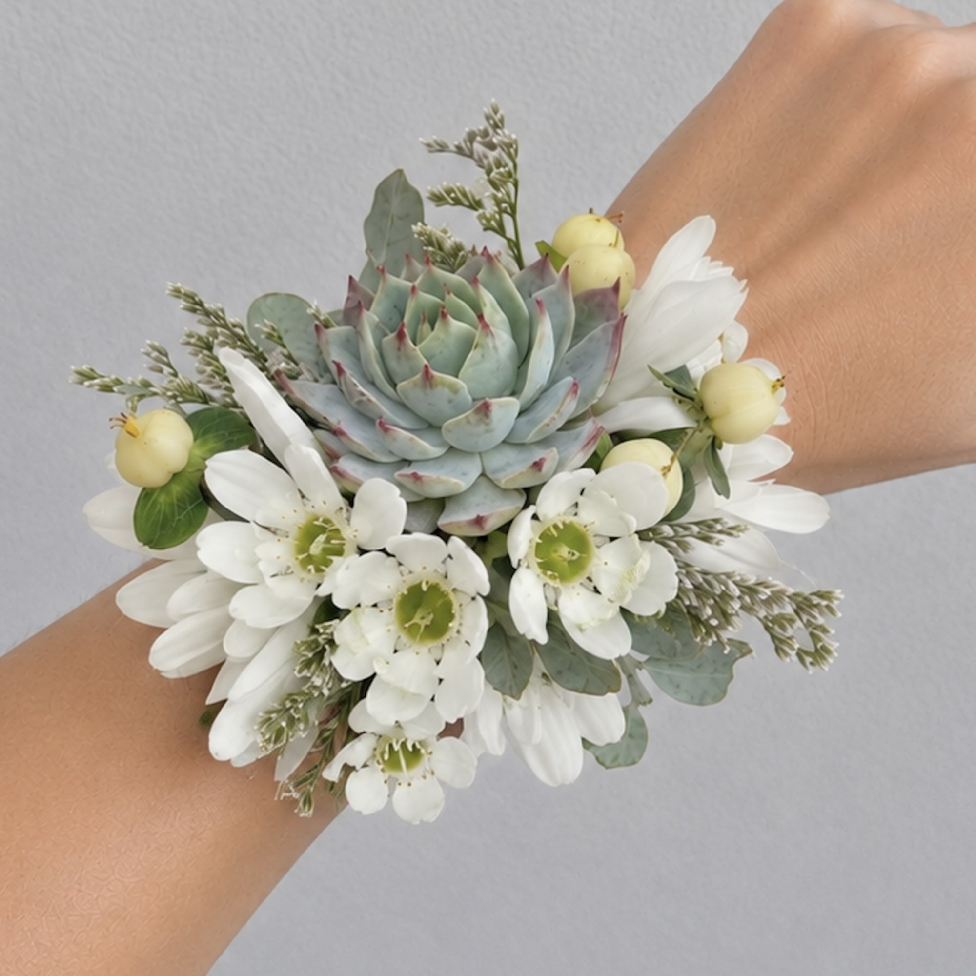 White flower wrist corsage with a blue-green succulent center