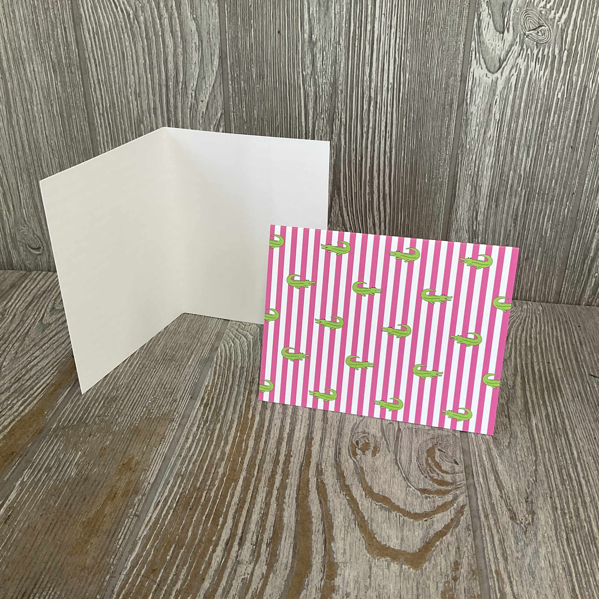 Bright pink-and-white vertical stripes meet cute green alligators in a boxed set, photo 2 of 3